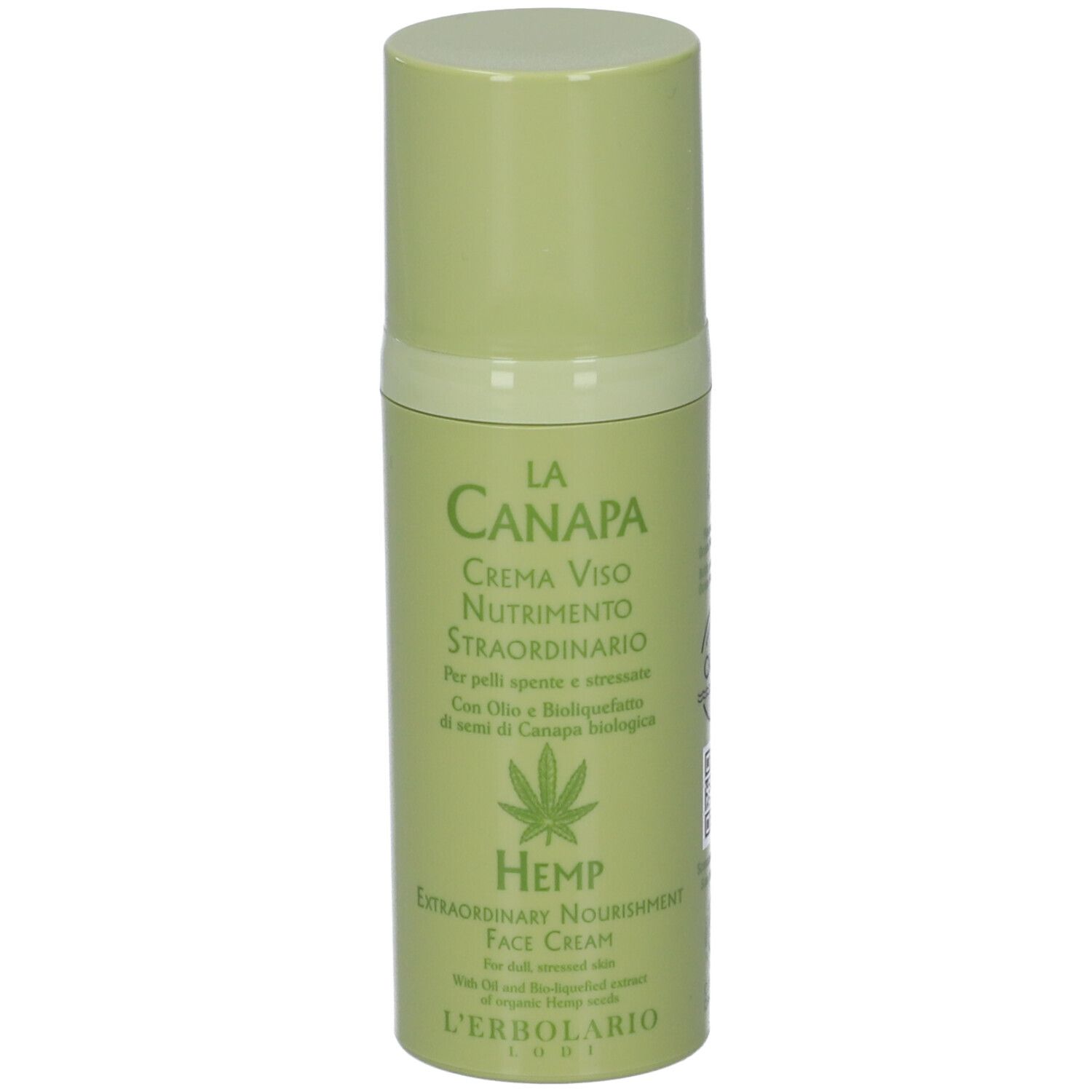 Flacone verde con scritta 'La Canapa'. 'Crema Viso Nutrimento Straordinario'. Simbolo foglia di canapa.
