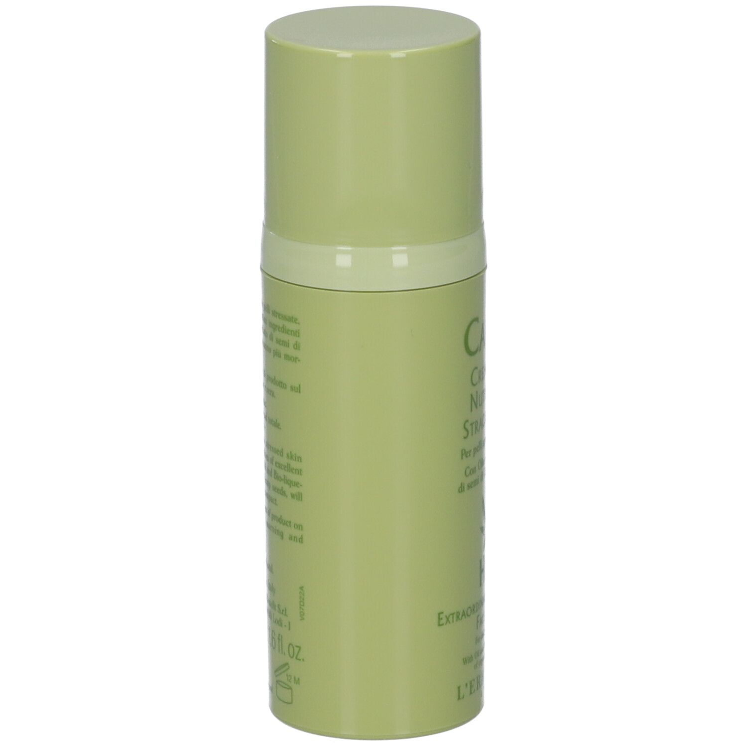Flacone verde. Testo sul retro. Dettagli composizione e ingredienti. Tappo verde.