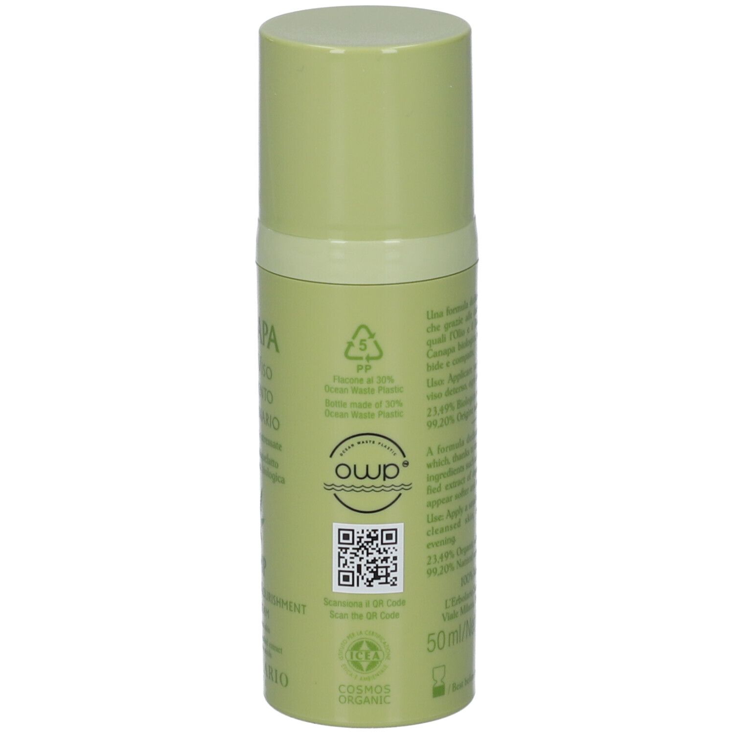 Flacone verde. Testo sul retro. Codice QR e simboli riciclo. Tappo verde.