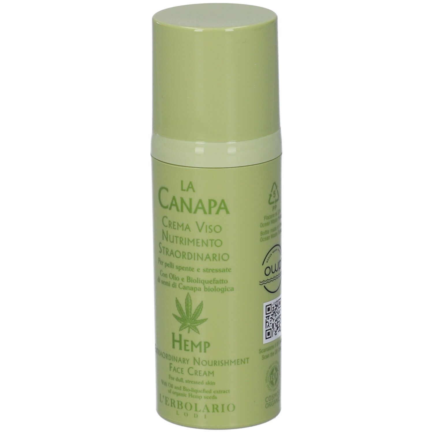 Flacone verde con scritta 'La Canapa'. 'Crema Viso Nutrimento Straordinario'. Simbolo foglia di canapa.