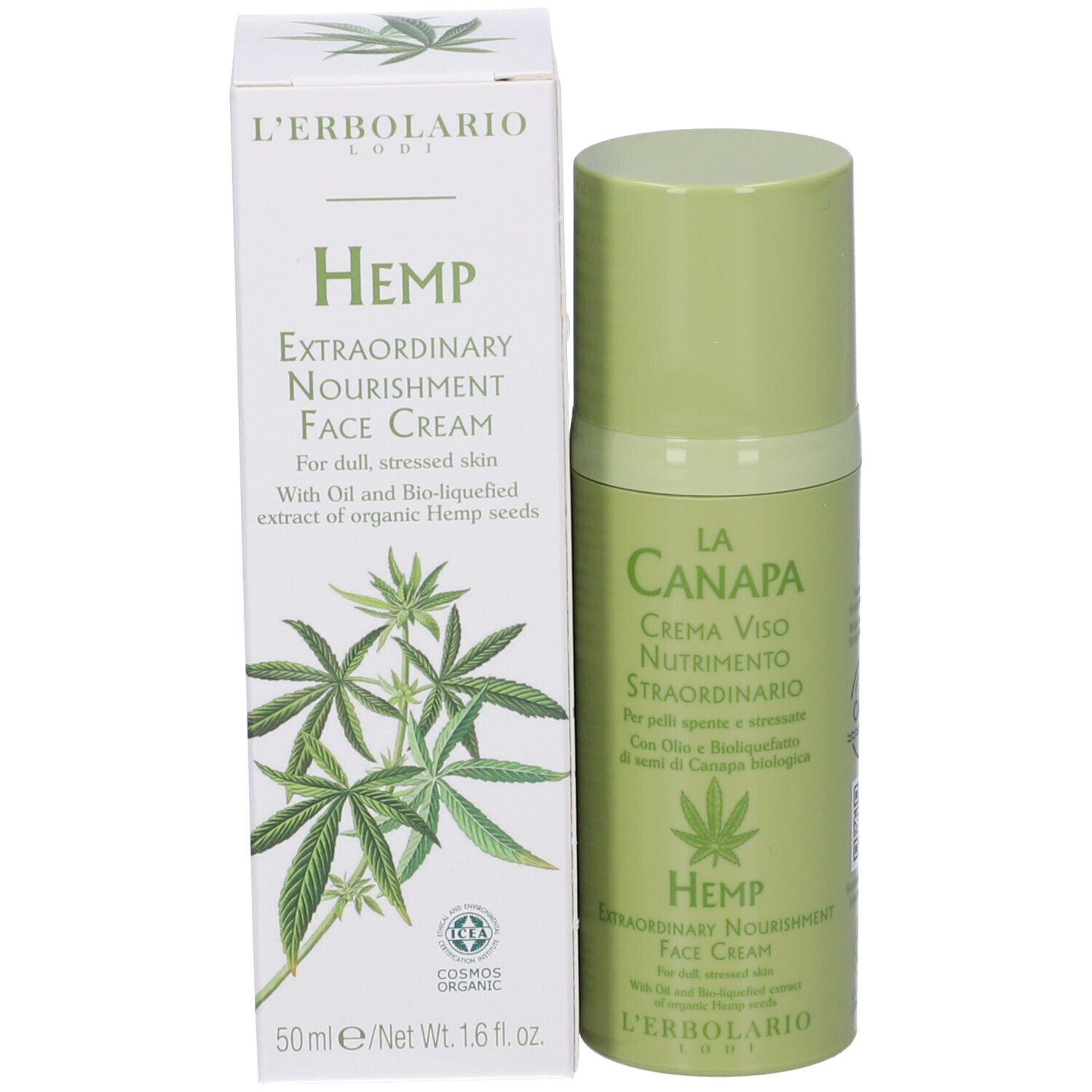 Flacone e scatola verdi. Scritta 'Hemp'. 'Extraordinary Nourishment Face Cream'. Simbolo foglia di canapa.