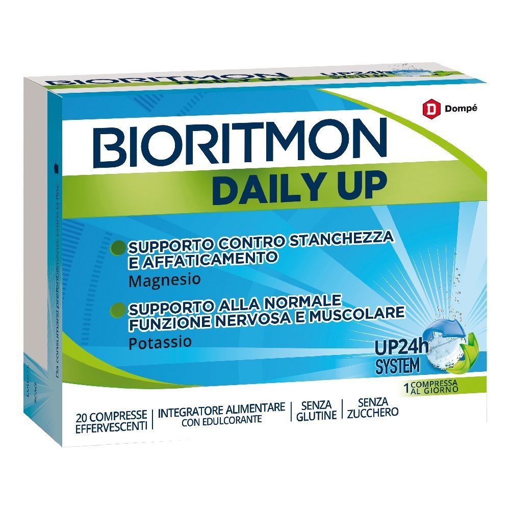 Confezione di Bioritmon® Daily Up. Scatola blu e bianca con nome del prodotto e informazioni. Contiene 20 compresse effervescenti.