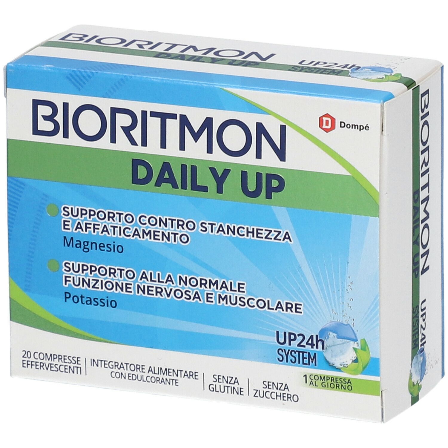 Confezione di Bioritmon® Daily Up. Scatola blu e bianca con nome del prodotto e informazioni. Logo Dompé.