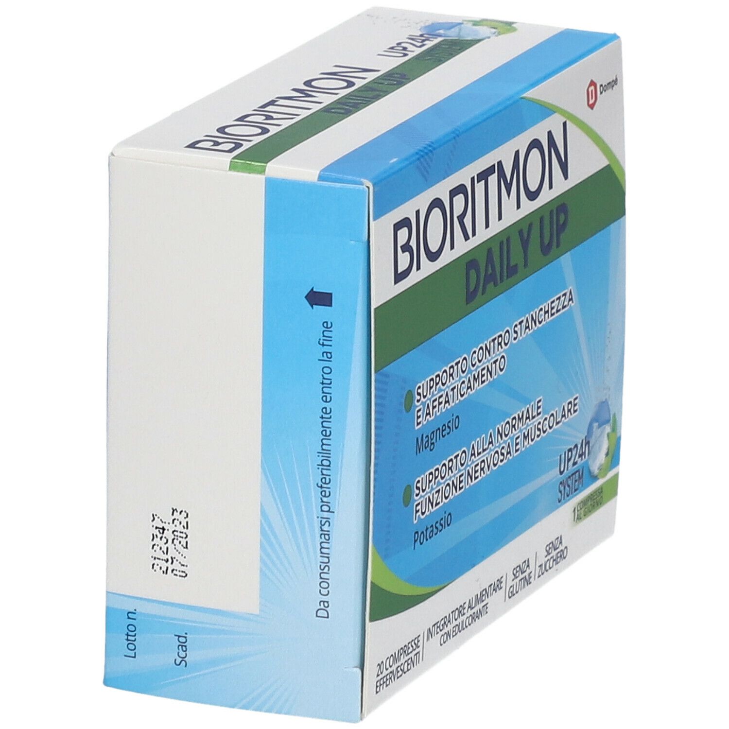 Confezione di Bioritmon® Daily Up. Scatola blu e bianca con nome del prodotto e informazioni. Logo Dompé.