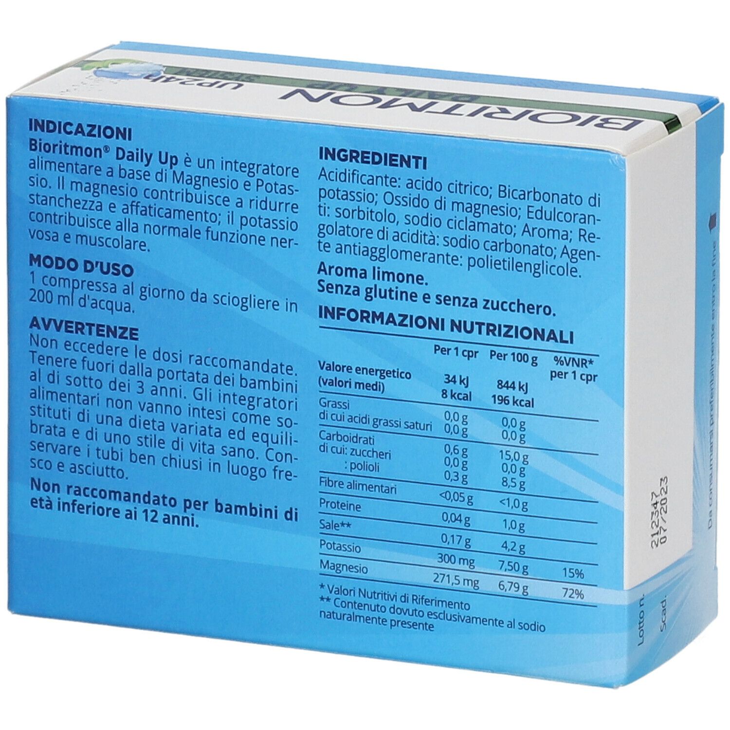 Retro della confezione di Bioritmon® Daily Up. Contiene informazioni sul prodotto, ingredienti e valori nutrizionali.
