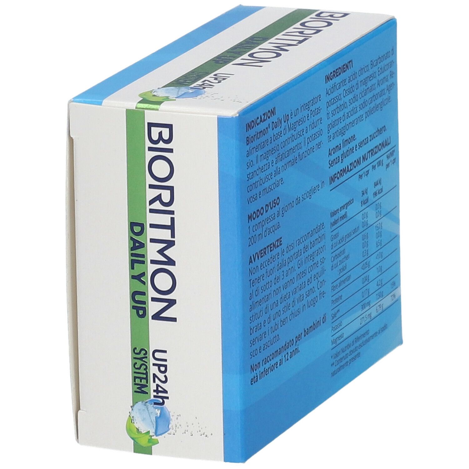 Confezione di Bioritmon® Daily Up. Scatola blu e bianca con nome del prodotto e informazioni. Logo Dompé.
