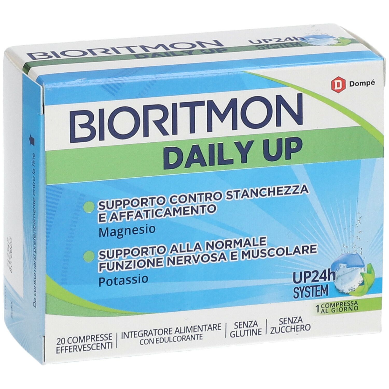 Confezione di Bioritmon® Daily Up. Scatola blu e bianca con nome del prodotto e informazioni. Logo Dompé.