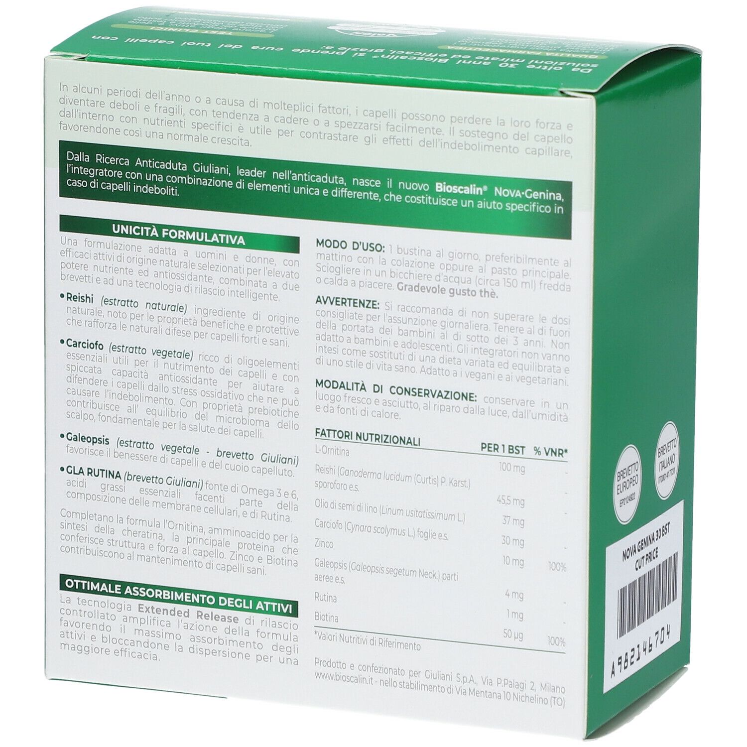 Scatola verde, interno. Testo: « Unicità formulativa », « Modo d'uso », « Avvertenze ». Tabella nutrizionale.