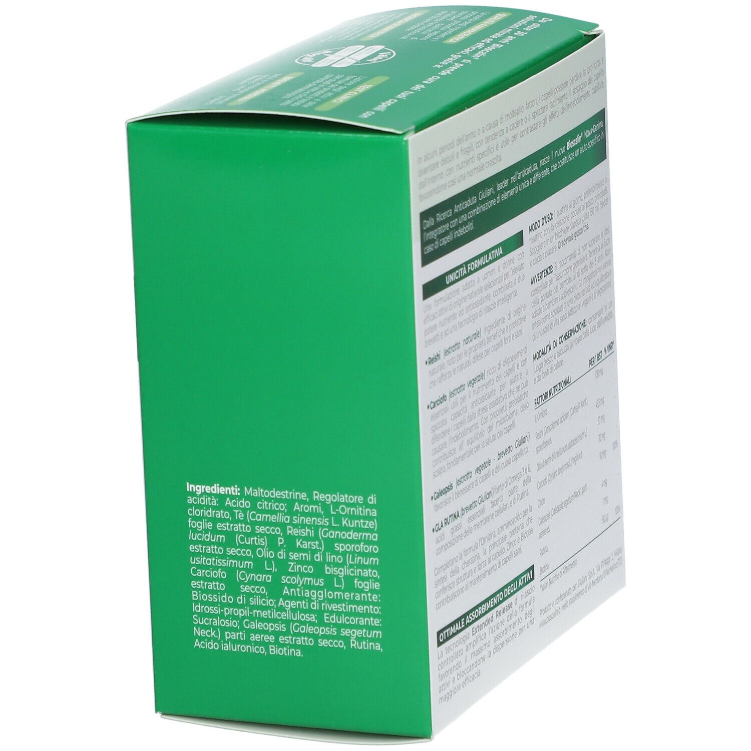 Scatola verde, interno. Elenco ingredienti. Testo: « Ottimale assorbimento degli attivi ».