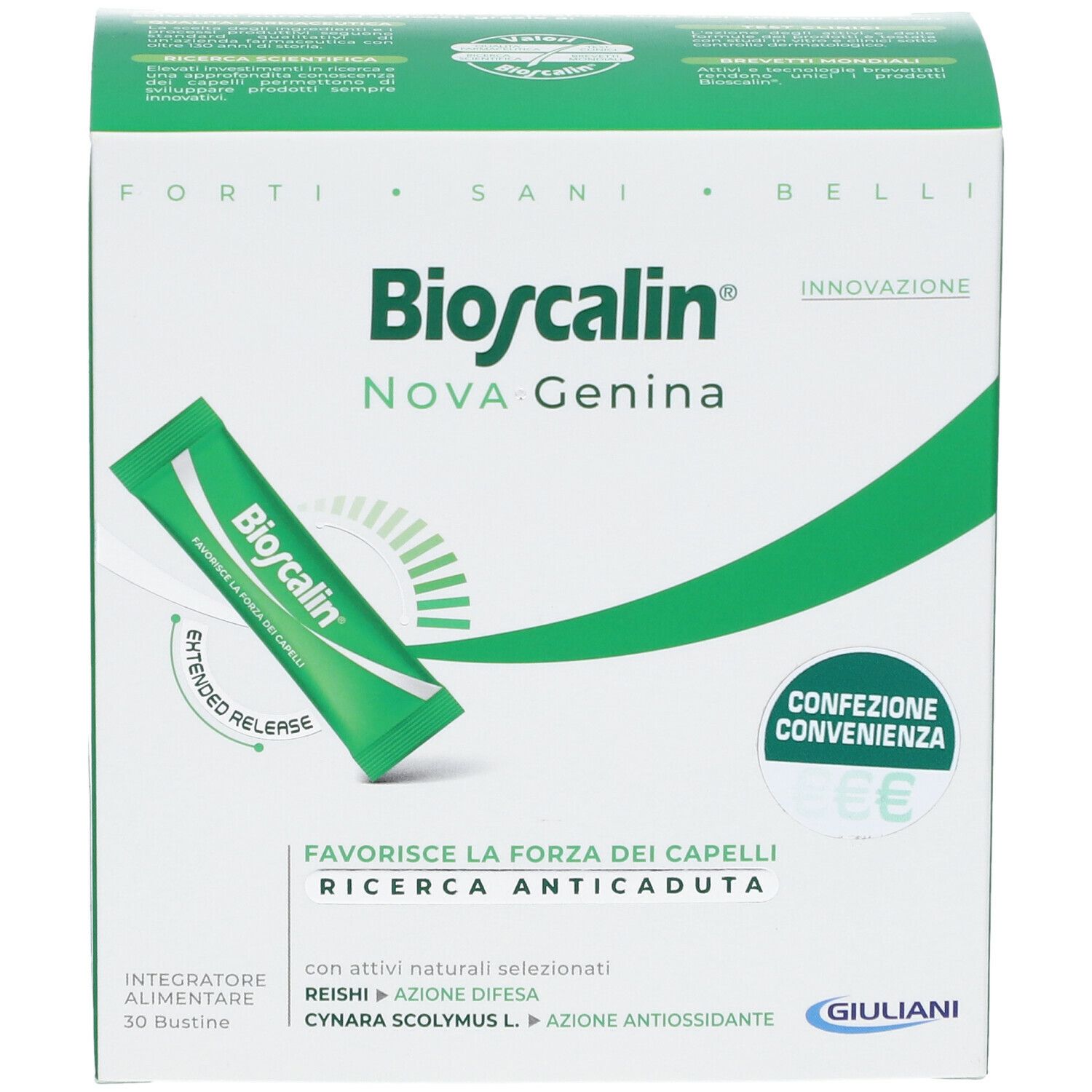 Scatola verde con nome del prodotto e una bustina. Testo: « Favorisce la forza dei capelli ». Logo confezione.