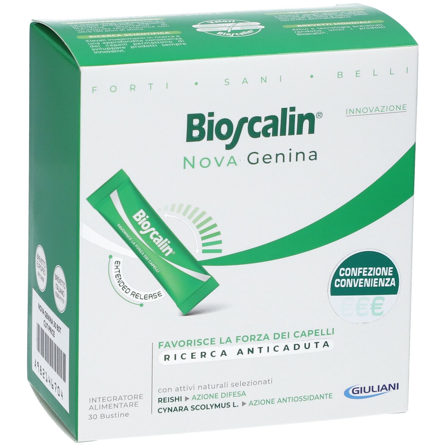 Scatola verde con nome del prodotto e una bustina. Testo: « Favorisce la forza dei capelli ». Logo confezione.