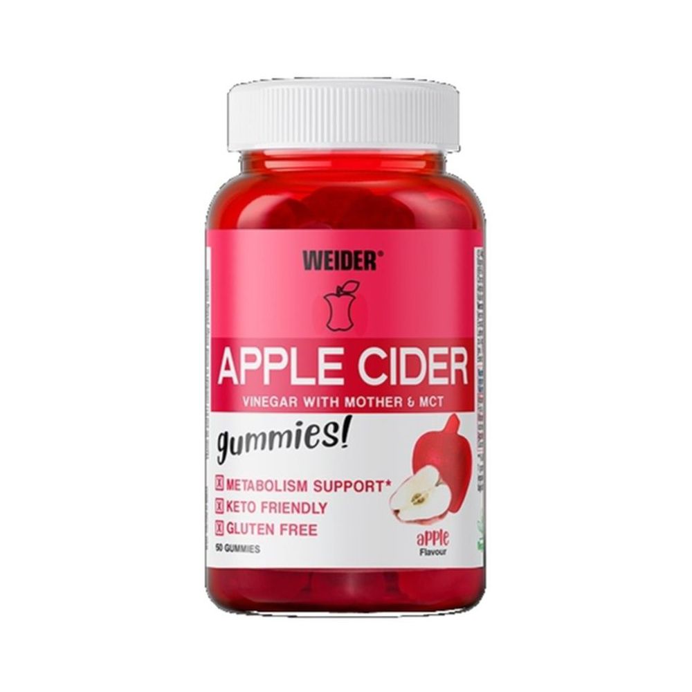 Flacone rosso, tappo bianco. Scritta: Weider Apple Cider Gummies. Illustrazione di mela.