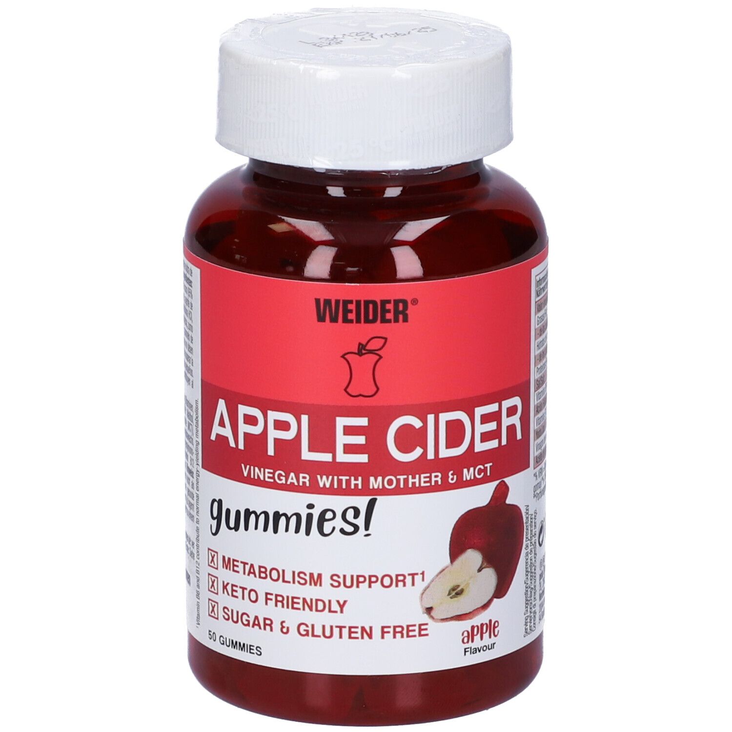 Flacone rosso, tappo bianco. Scritta: Weider Apple Cider Gummies. Illustrazione di mela.