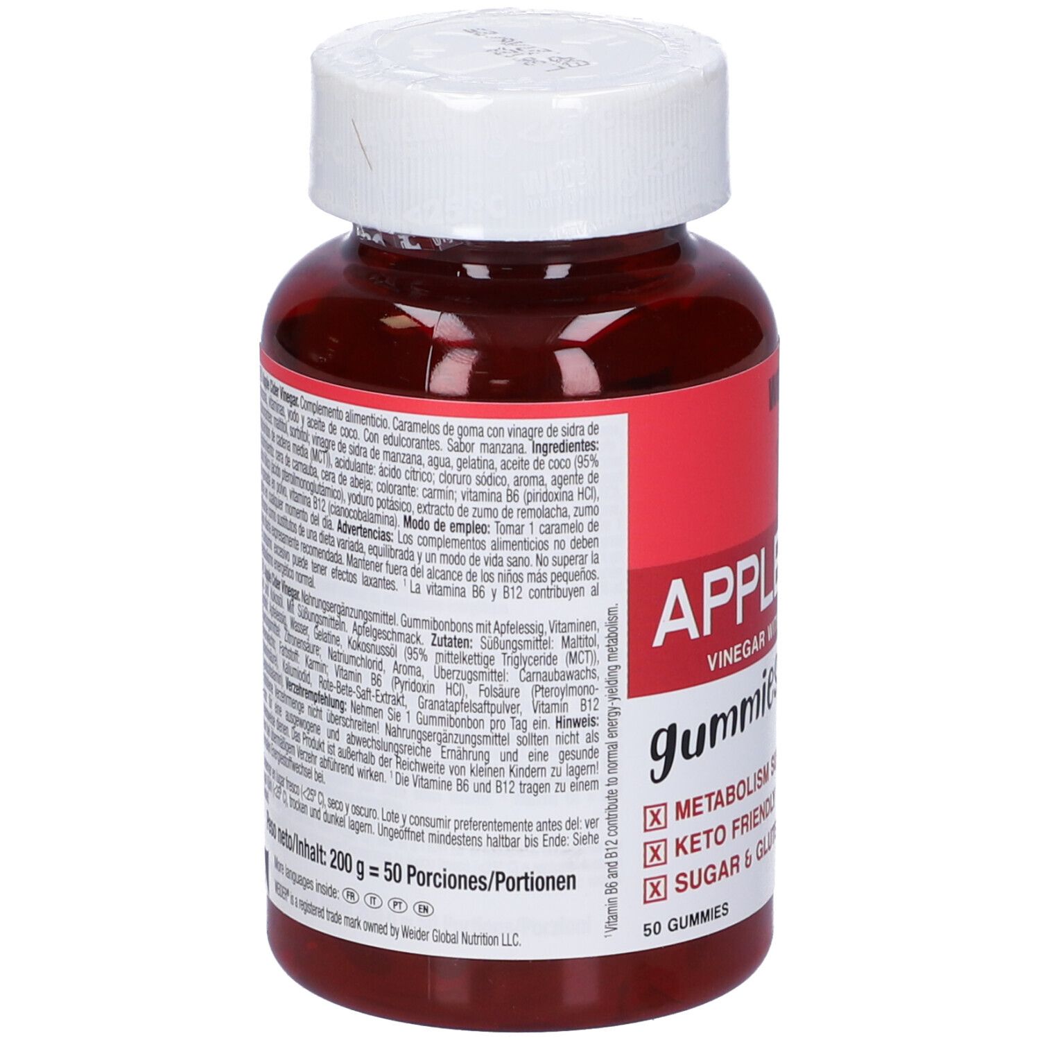 Flacone rosso, tappo bianco. Retro con testo e informazioni nutrizionali. Weider Apple Cider Gummies.