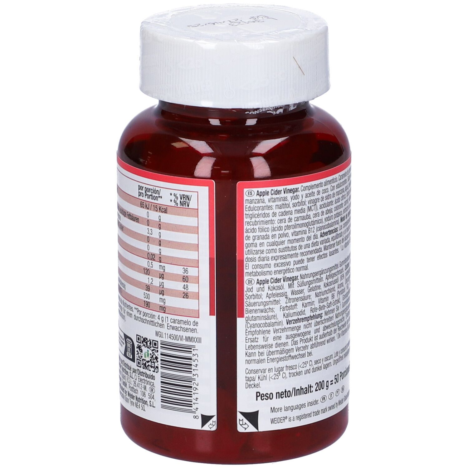 Flacone rosso, tappo bianco. Retro con testo e informazioni nutrizionali. Weider Apple Cider Gummies.