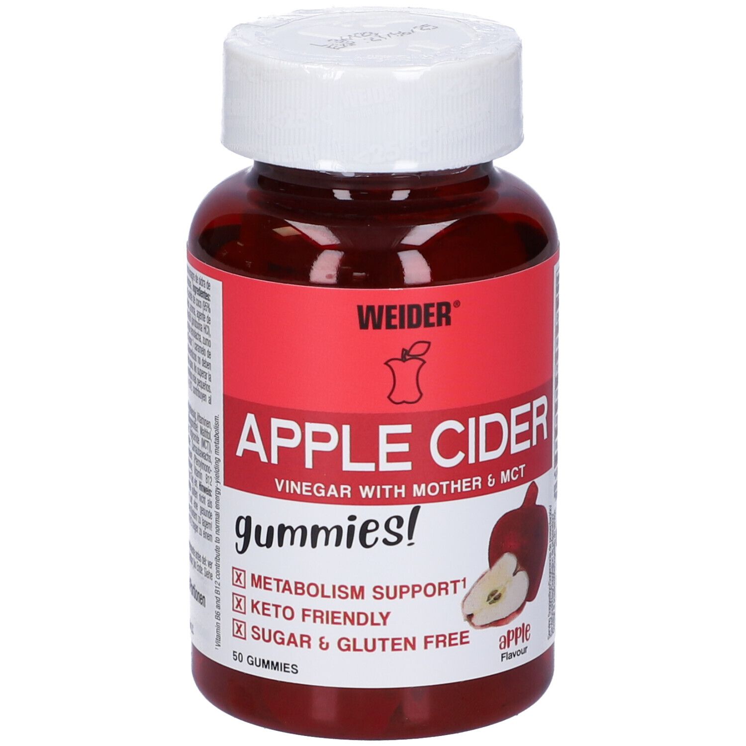 Flacone rosso, tappo bianco. Scritta: Weider Apple Cider Gummies. Illustrazione di mela.