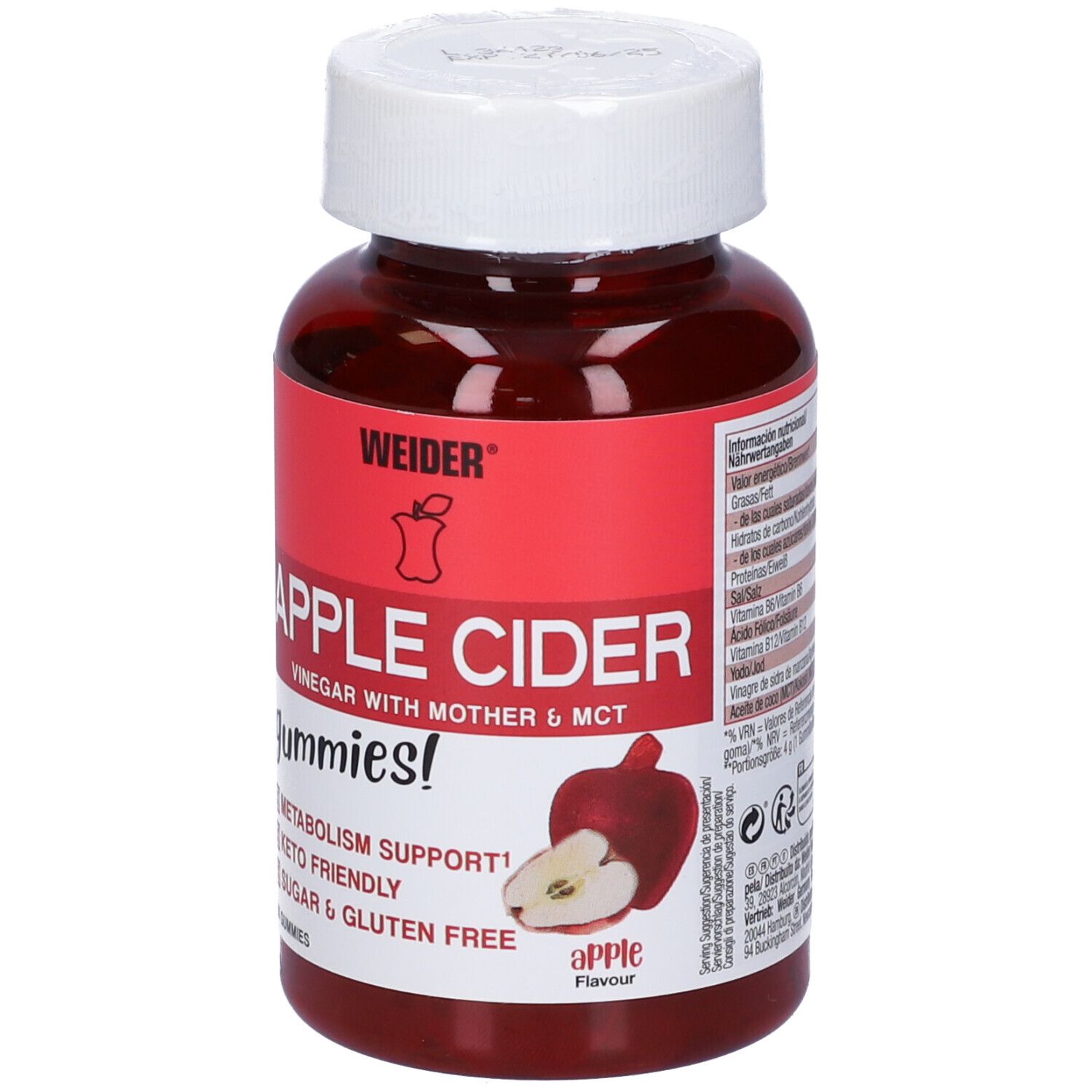 Flacone rosso, tappo bianco. Scritta: Weider Apple Cider Gummies. Illustrazione di mela.