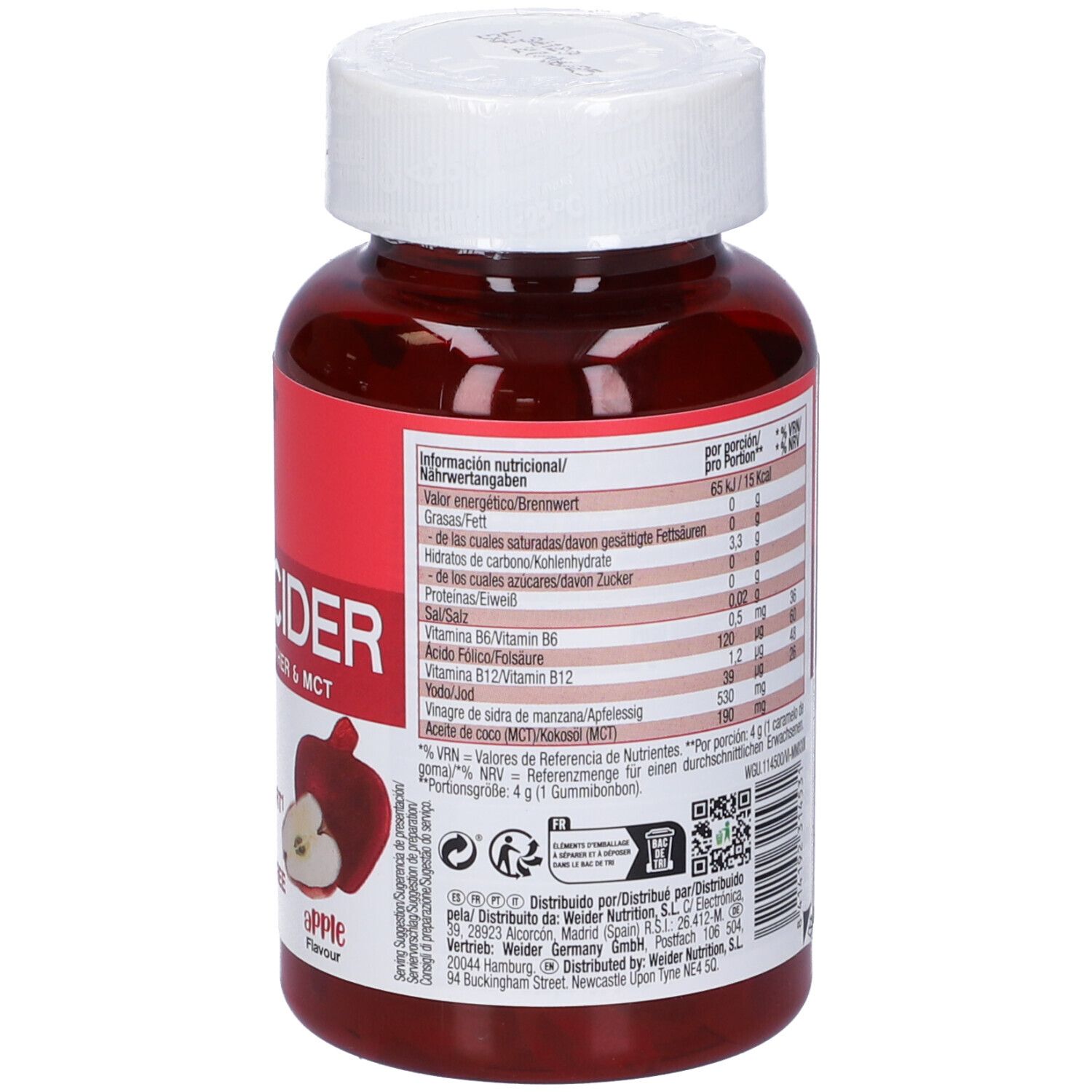 Flacone rosso, tappo bianco. Retro con testo e informazioni nutrizionali. Weider Apple Cider Gummies.