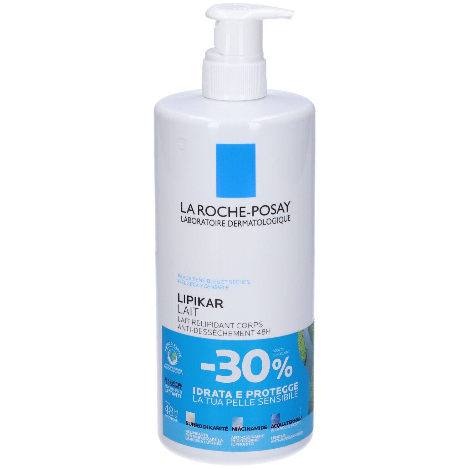 Flacone bianco con dosatore. Scritte: La Roche-Posay, Lipikar Lait, -30%. Accenti blu e verdi. Testo in francese e italiano.