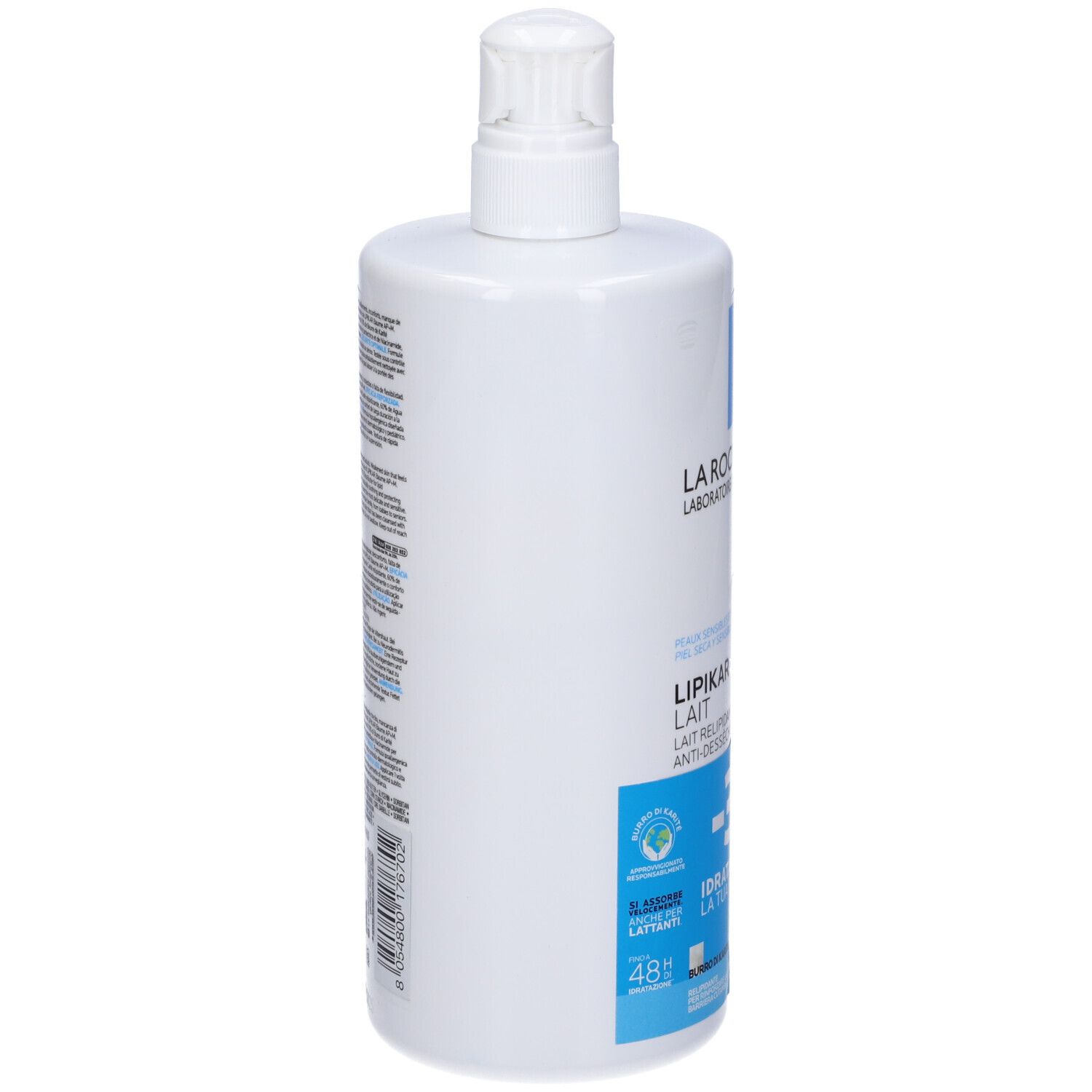 Flacone bianco con dosatore. Scritte: La Roche-Posay, Lipikar Lait. Testo in diverse lingue. Vista laterale.