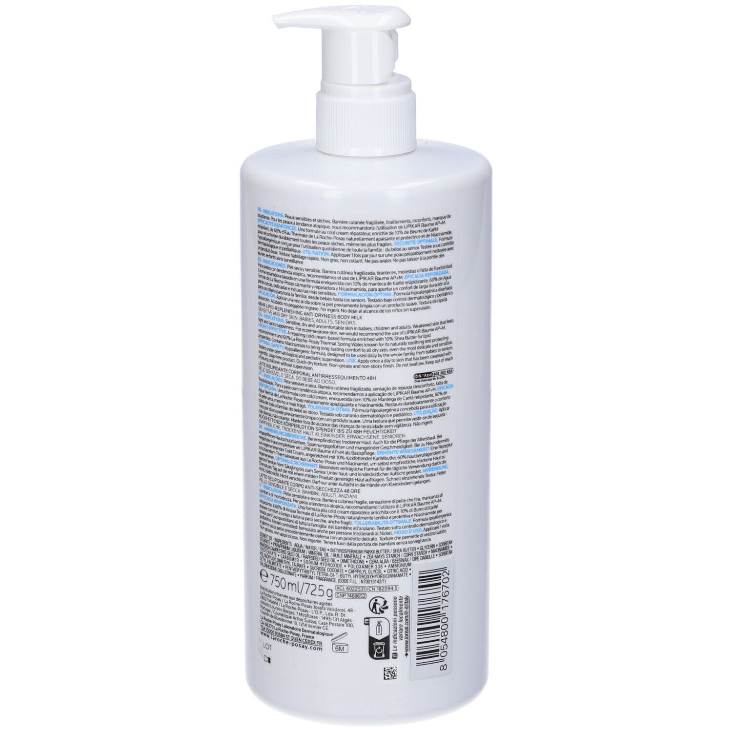 Flacone bianco con dosatore. Scritte: La Roche-Posay, Lipikar Lait. Retro con testo in diverse lingue. Dimensione: 750ml.