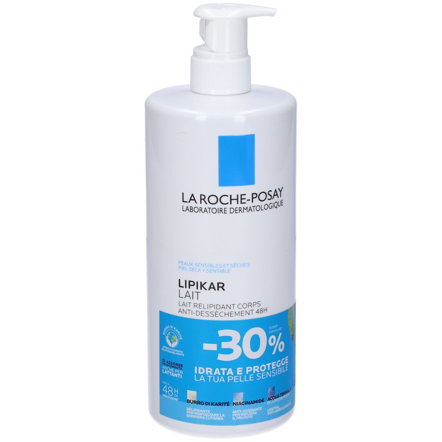 Flacone bianco con dosatore. Scritte: La Roche-Posay, Lipikar Lait, -30%. Accenti blu e verdi. Testo in francese e italiano.