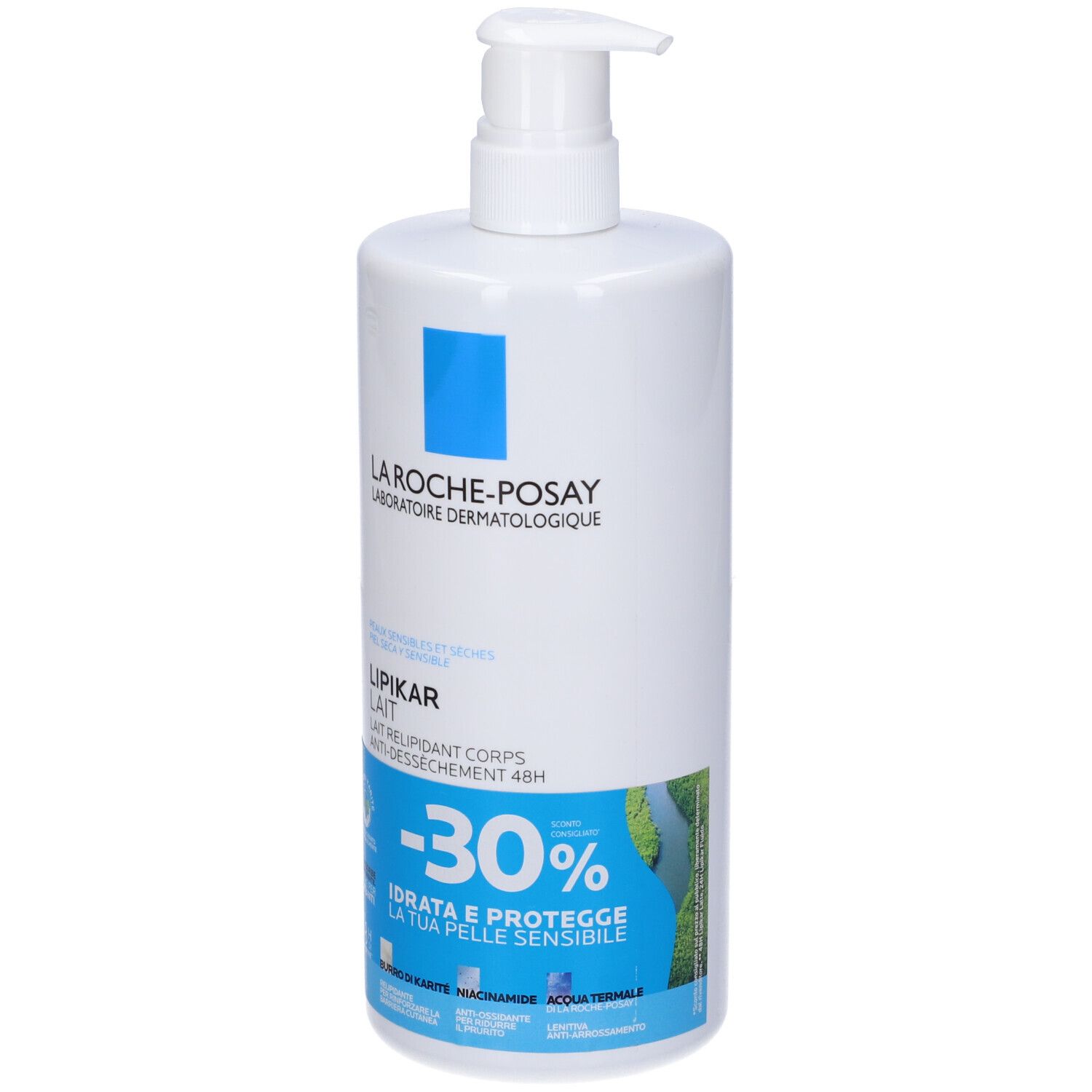 Flacone bianco con dosatore. Scritte: La Roche-Posay, Lipikar Lait, -30%. Accenti blu e verdi. Testo in francese e italiano.