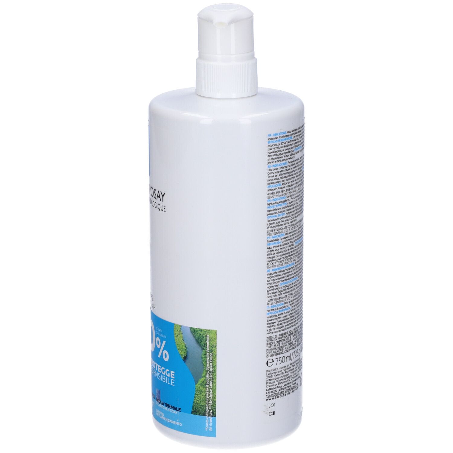 Flacone bianco con dosatore. Scritte: La Roche-Posay, Lipikar Lait, -30%. Vista laterale. Dimensione: 750ml.