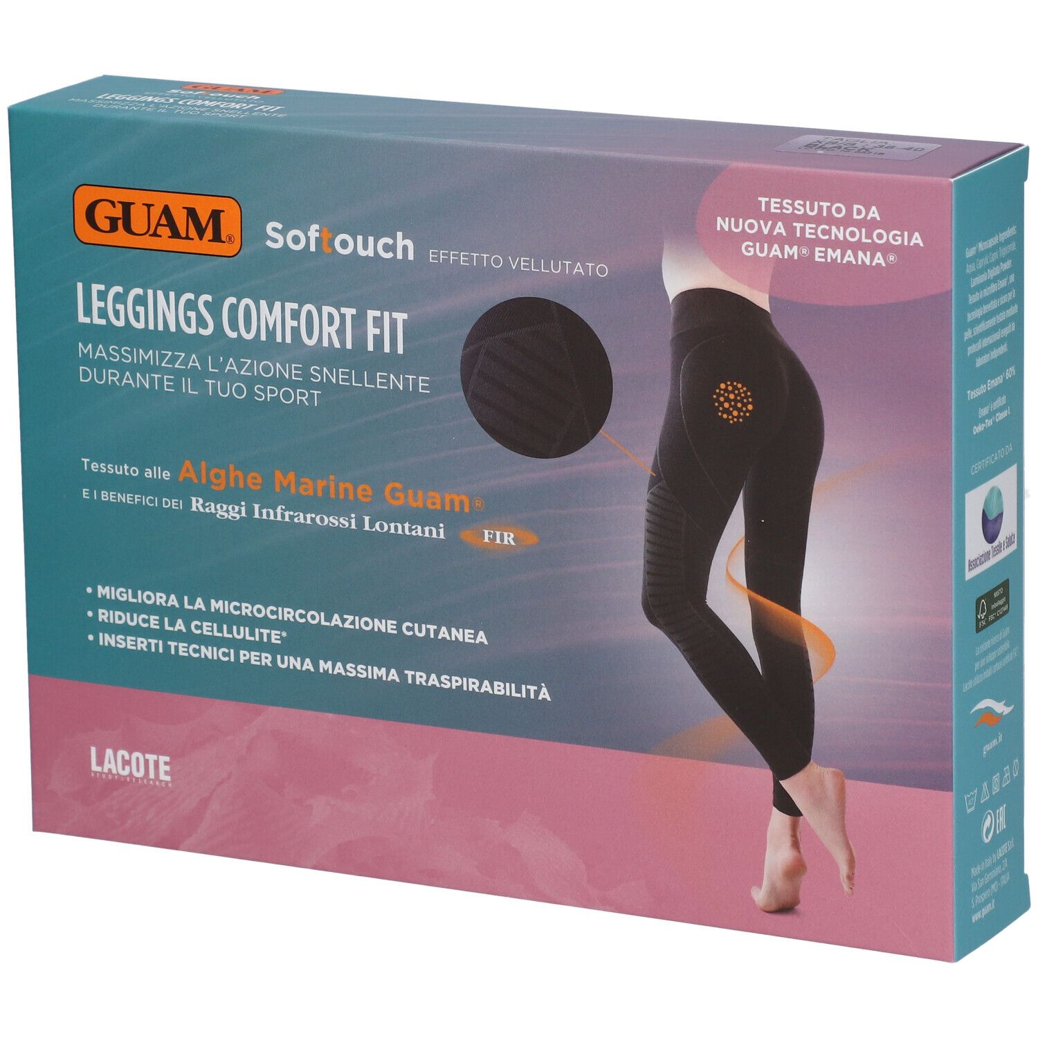 GUAM® Softouch Leggings Comfort Fit XS/S. Leggings neri in confezione. Scritte: marchio, nome prodotto, caratteristiche, illustrazione.