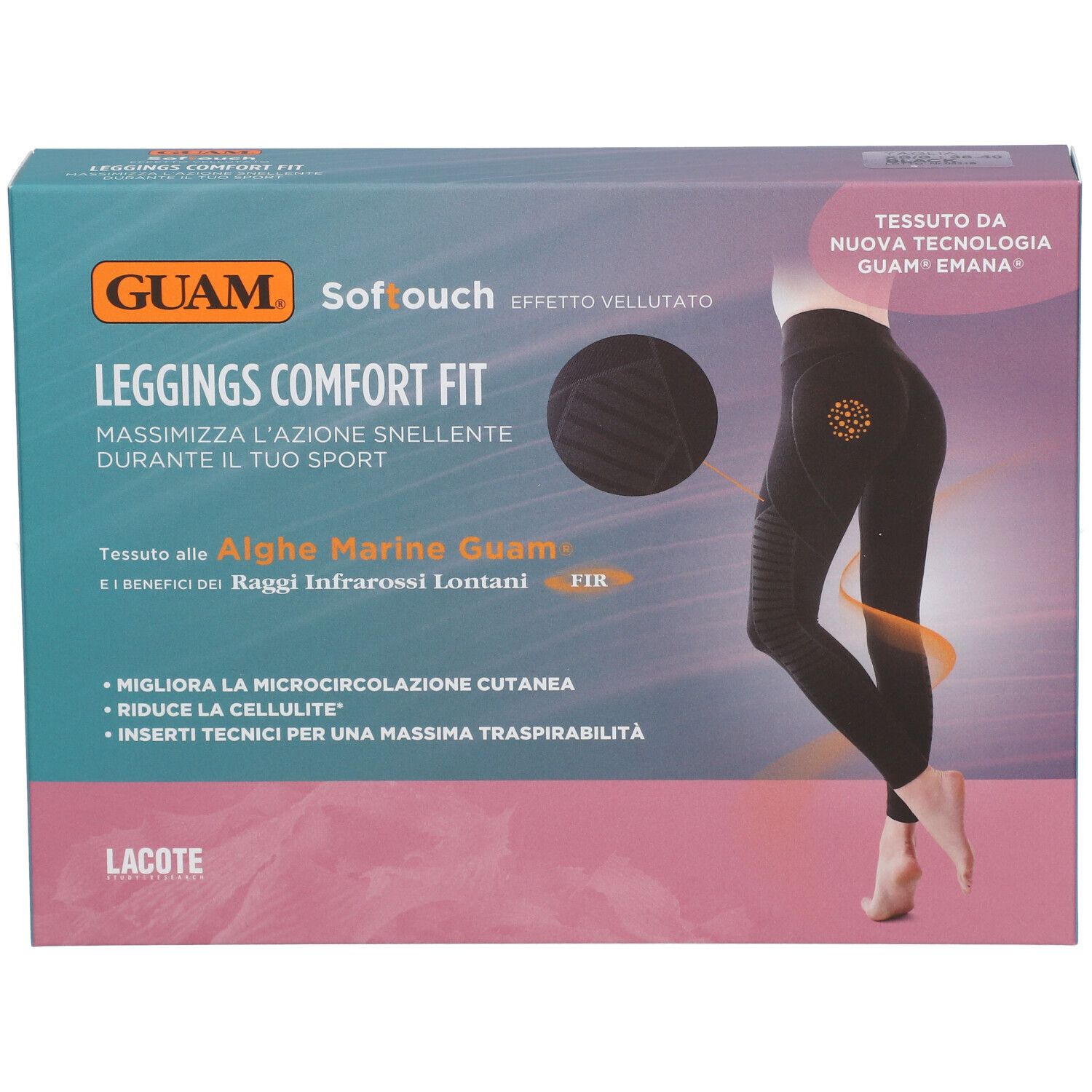 GUAM® Softouch Leggings Comfort Fit XS/S. Leggings neri in confezione. Scritte: marchio, nome prodotto, caratteristiche, illustrazione.