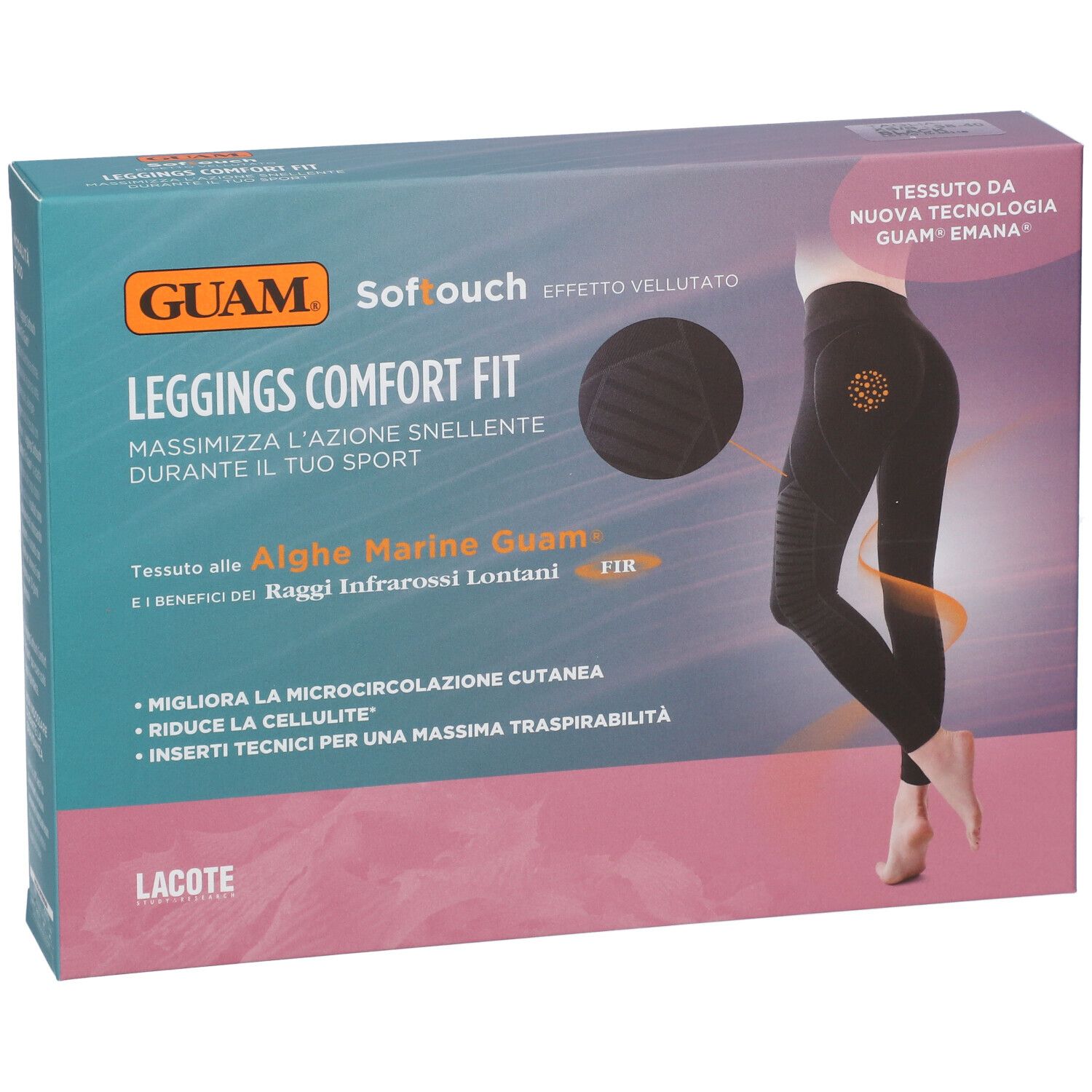 GUAM® Softouch Leggings Comfort Fit XS/S. Leggings neri in confezione. Scritte: marchio, nome prodotto, caratteristiche, illustrazione.