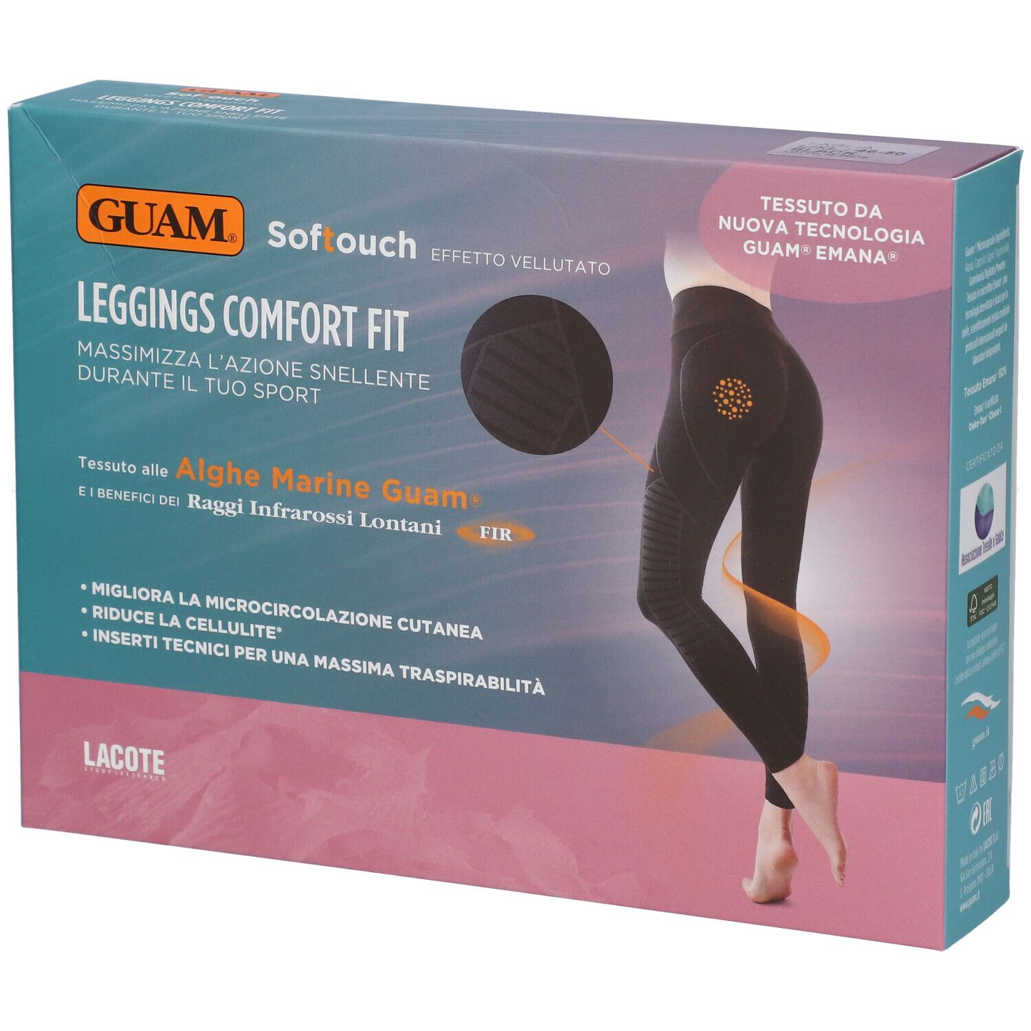 Confezione leggings GUAM Softouch Comfort Fit. Immagine leggings neri. Testo: « Inserti tecnici per una massima traspirabilità ».