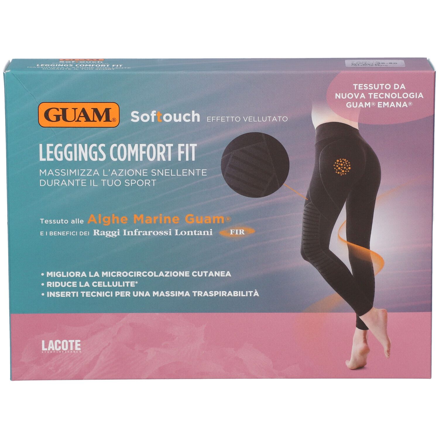Confezione leggings GUAM Softouch Comfort Fit. Immagine leggings neri. Testo: « Inserti tecnici per una massima traspirabilità ».