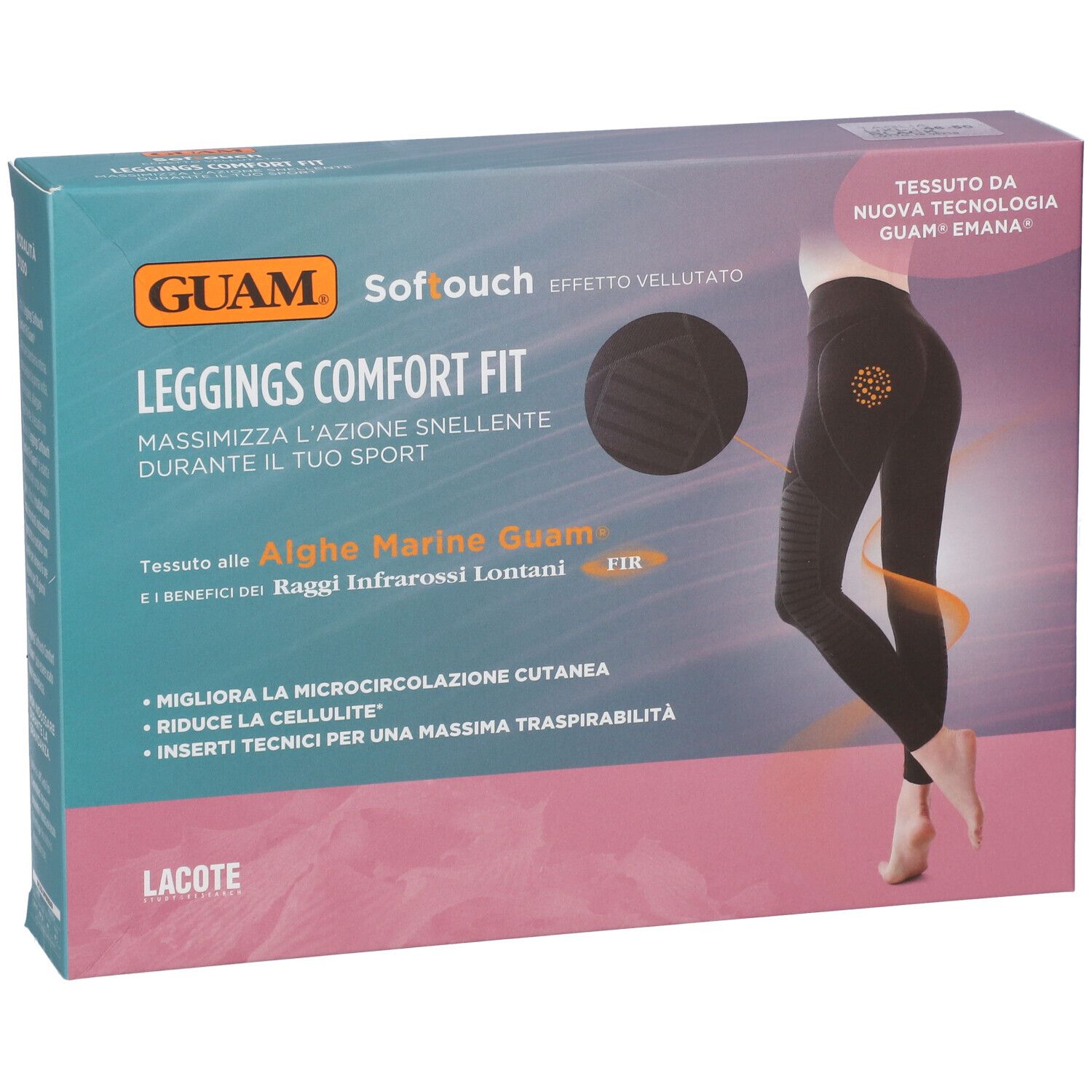 Confezione leggings GUAM Softouch Comfort Fit. Immagine leggings neri. Testo: « Inserti tecnici per una massima traspirabilità ».