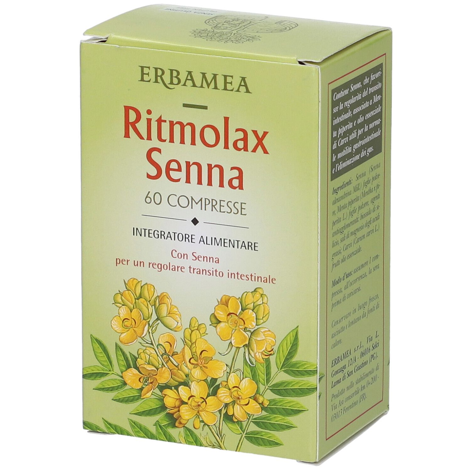 Karton mit Produktnamen und floralem Design. Text: Ritmolax Senna, 60 Compresse, Integratore Alimentare. Seitenansicht.