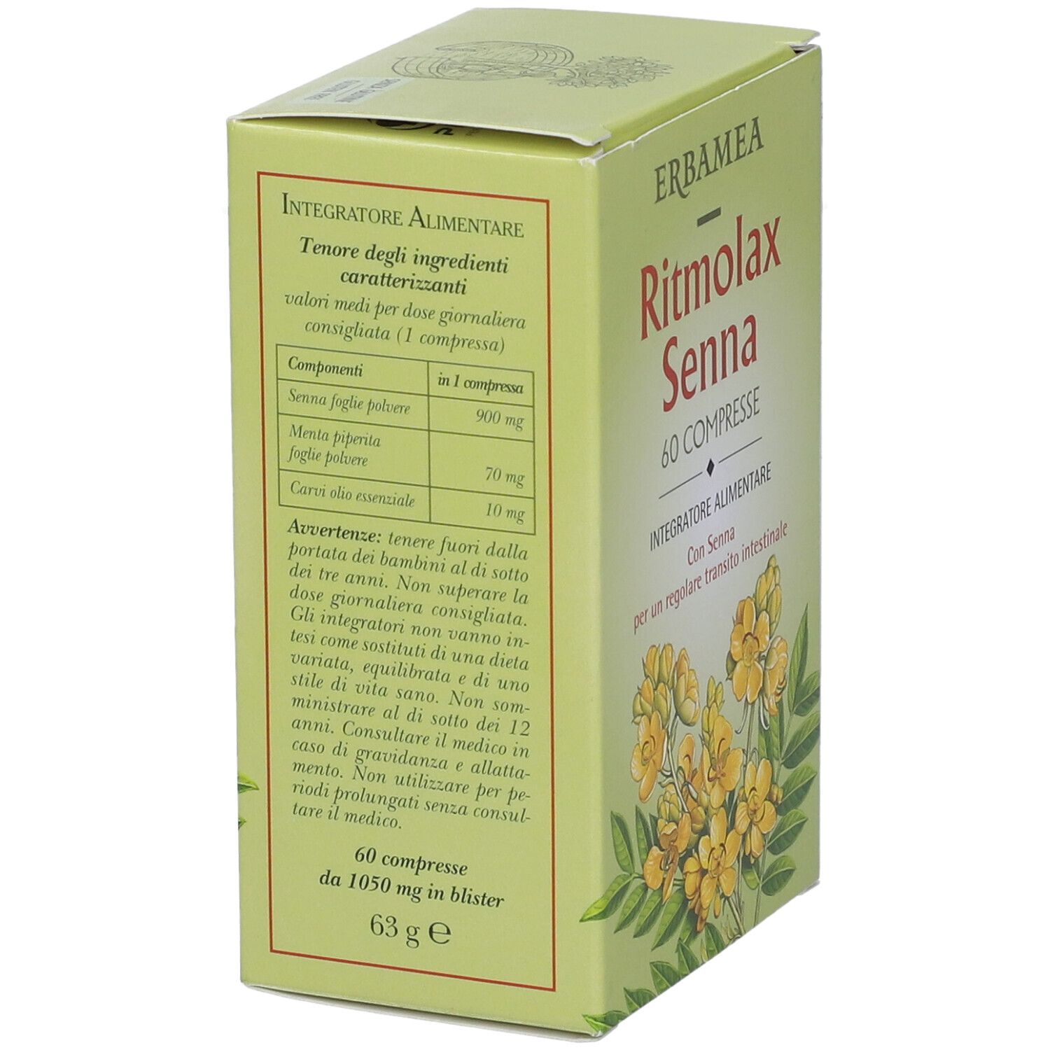 Karton mit Produktnamen und floralem Design. Text: Ritmolax Senna, 60 Compresse, Integratore Alimentare. Rückseite mit Text.