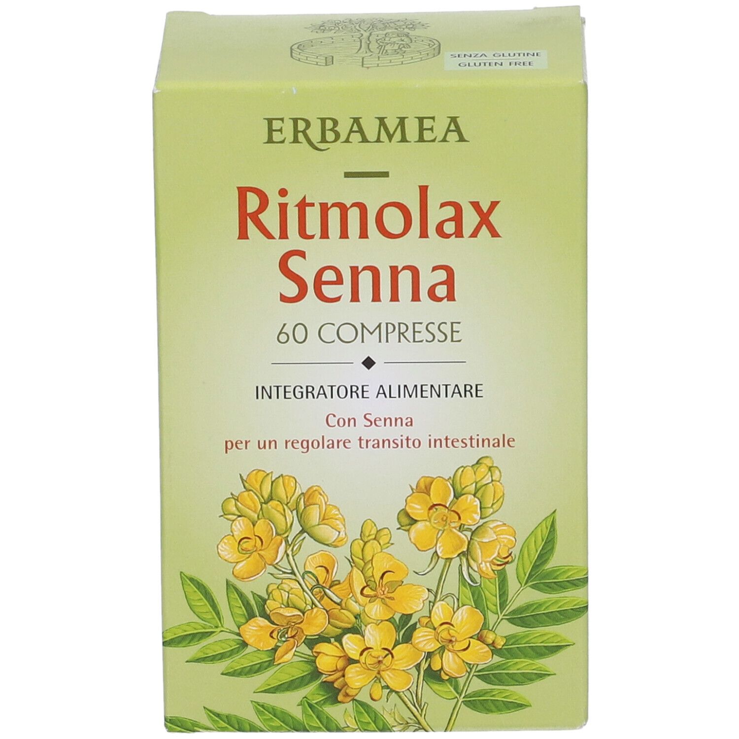Karton mit Produktnamen und floralem Design. Text: Ritmolax Senna, 60 Compresse, Integratore Alimentare. Glutenfrei-Symbol.