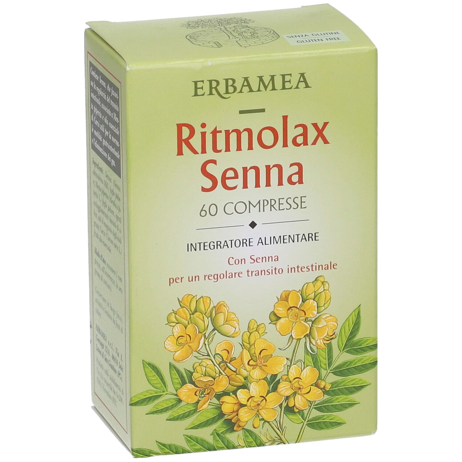 Karton mit Produktnamen und floralem Design. Text: Ritmolax Senna, 60 Compresse, Integratore Alimentare. Seitenansicht.