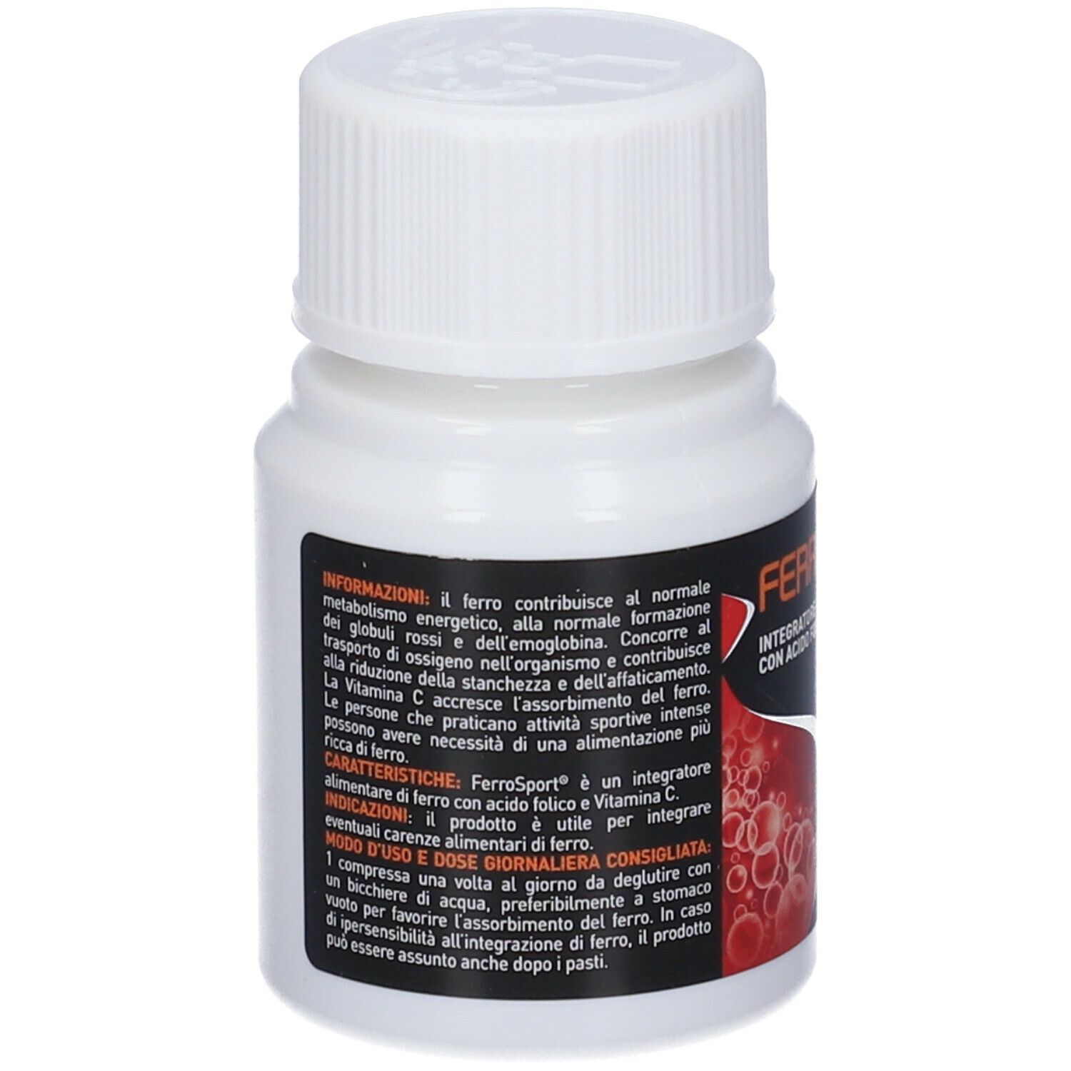 Flacone bianco con tappo a vite. Etichetta con testo e design rosso. Contiene informazioni sul prodotto e sui suoi ingredienti.