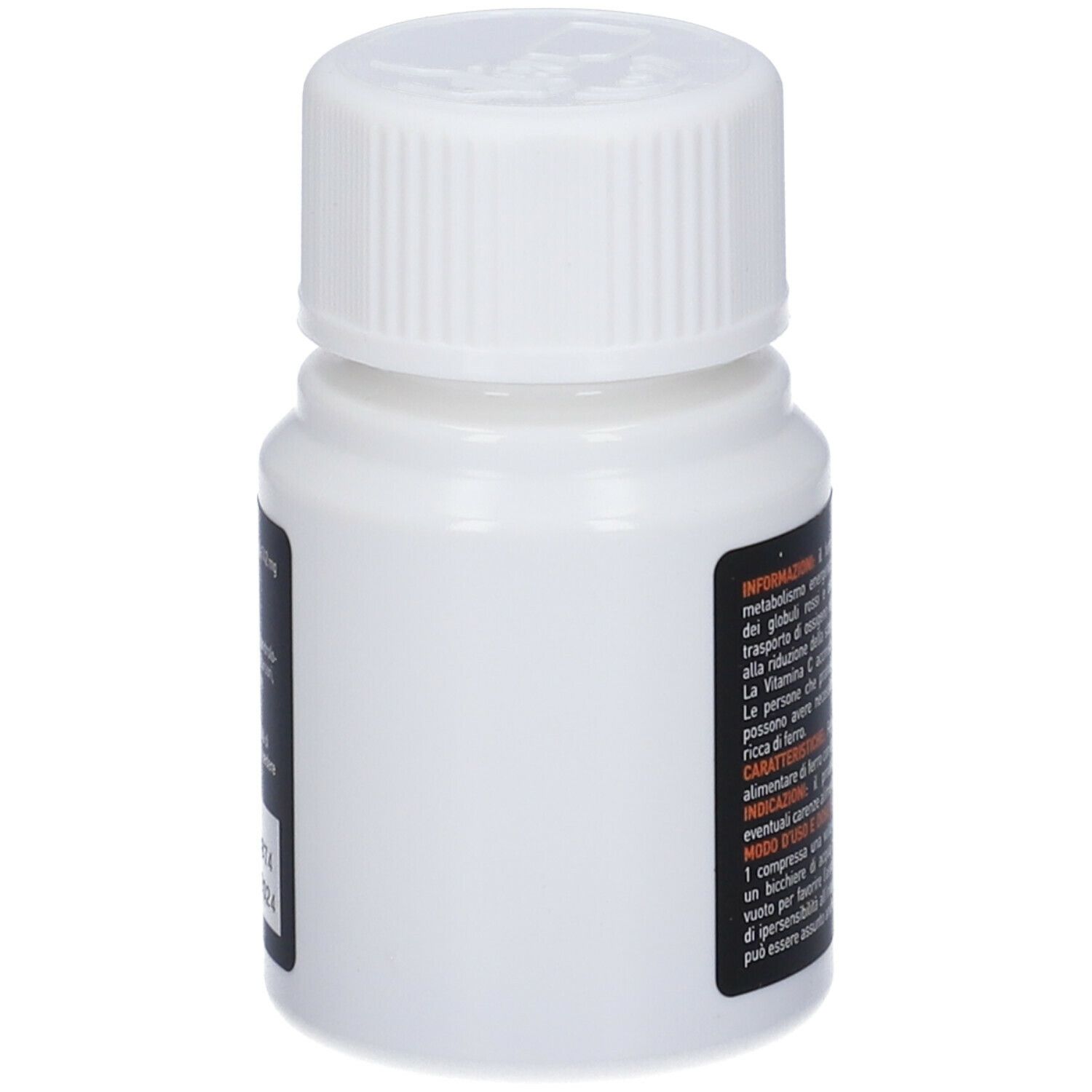 Flacone bianco con tappo a vite. Etichetta nera con testo. Mostra le informazioni sul prodotto e gli ingredienti.