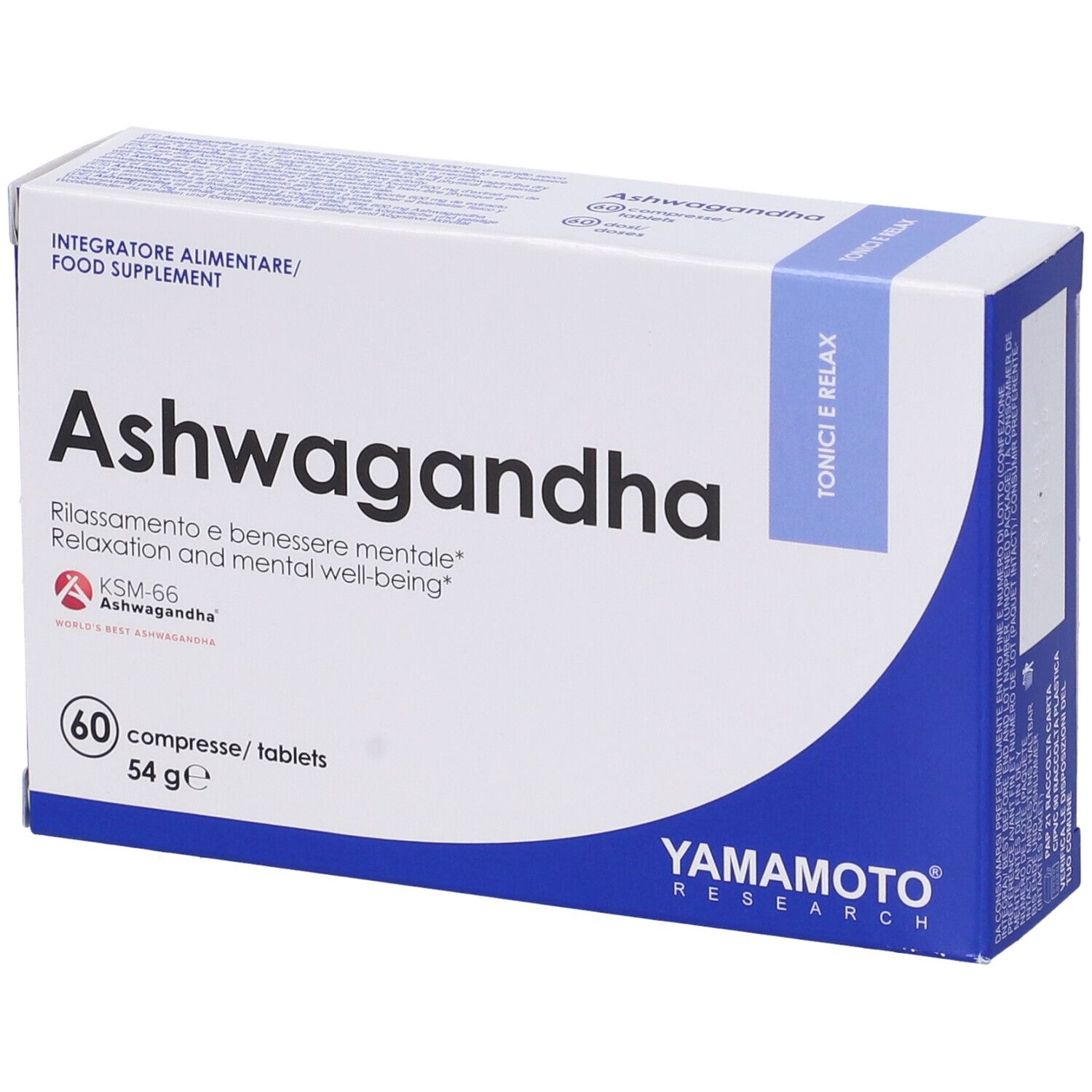 Scatola bianca e blu con scritta "Ashwagandha". Contiene 60 compresse. Marca: Yamamoto Research.