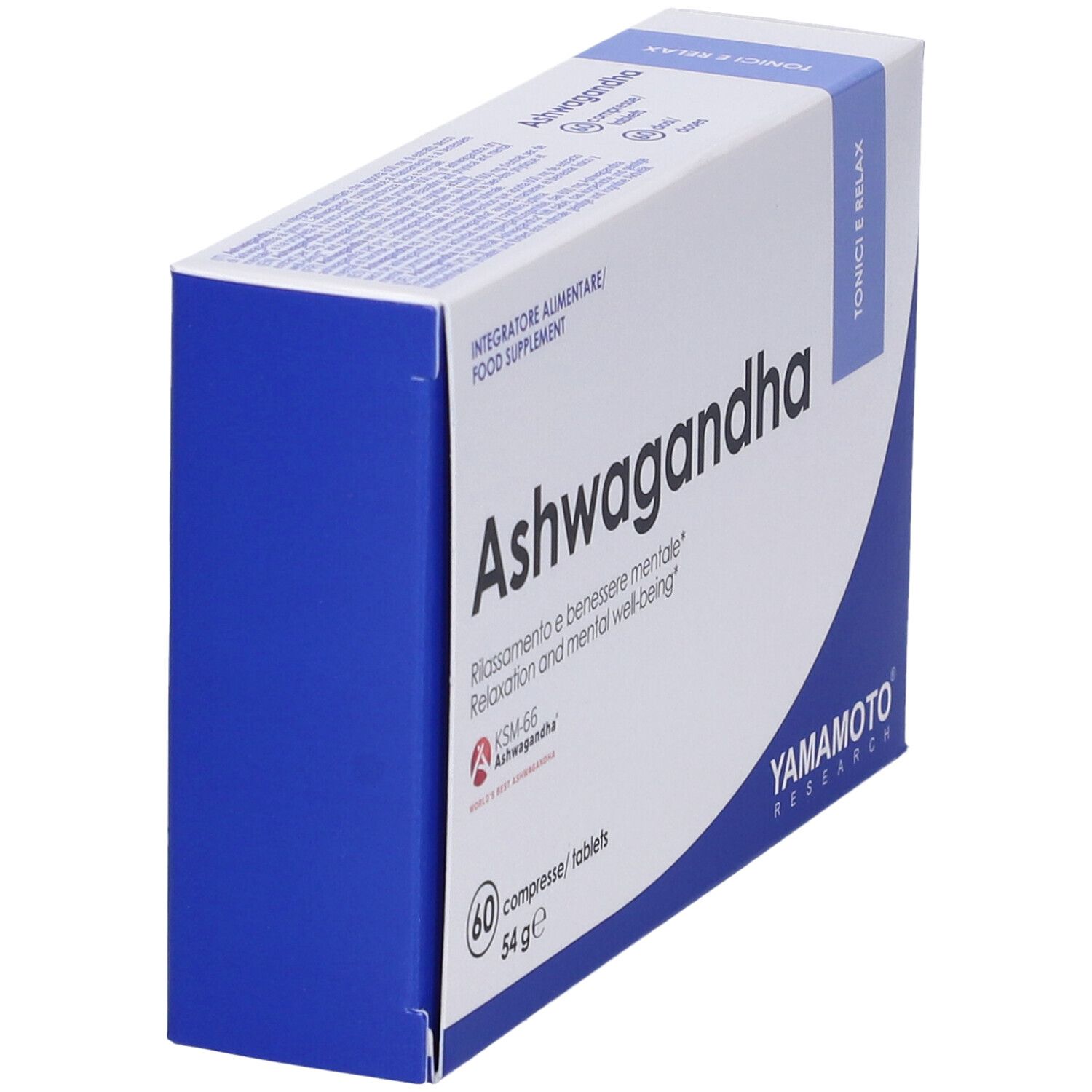 Scatola bianca e blu inclinata con scritta "Ashwagandha". Marca: Yamamoto Research. Contiene 60 compresse.