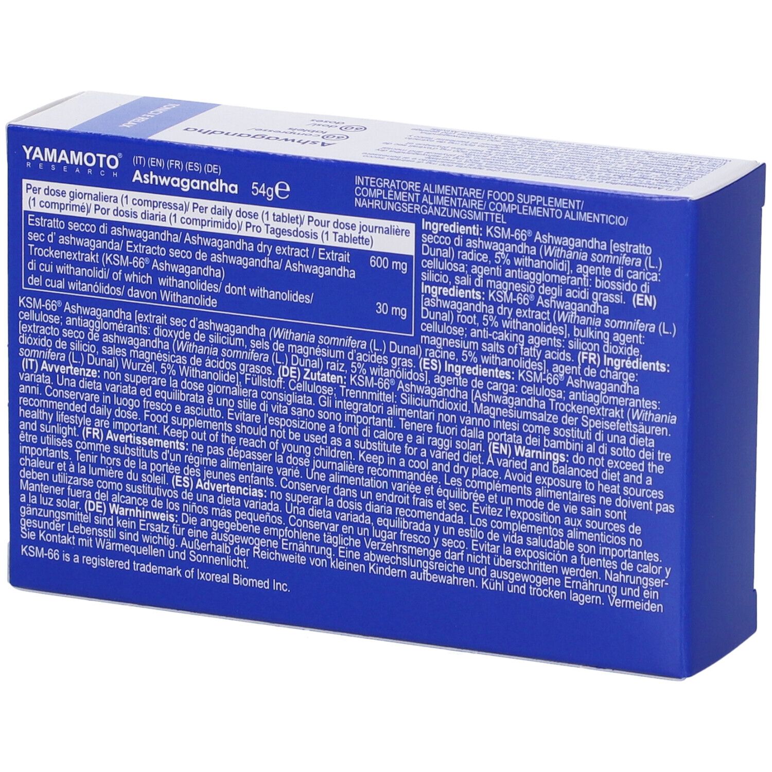 Retro scatola blu con testo. Contiene informazioni su ingredienti e uso. Marca: Yamamoto Research.