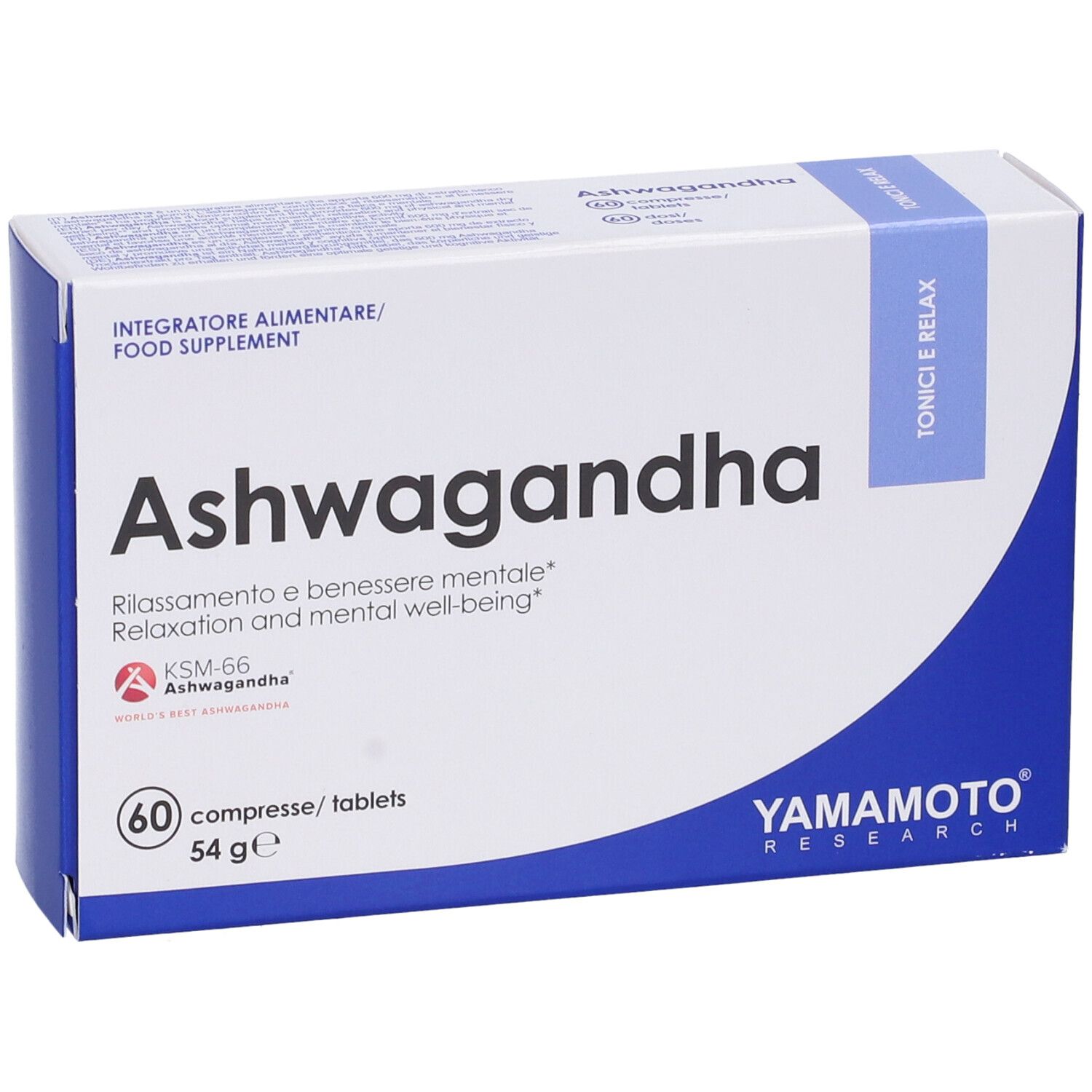 Scatola bianca e blu con scritta "Ashwagandha". Contiene 60 compresse. Marca: Yamamoto Research.