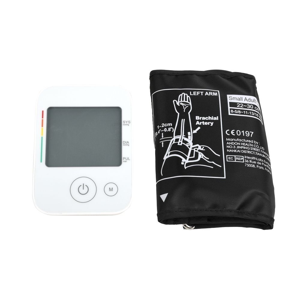 Weißes digitales Blutdruckmessgerät und schwarze Manschette. Manschette mit Anweisungen für den linken Arm.