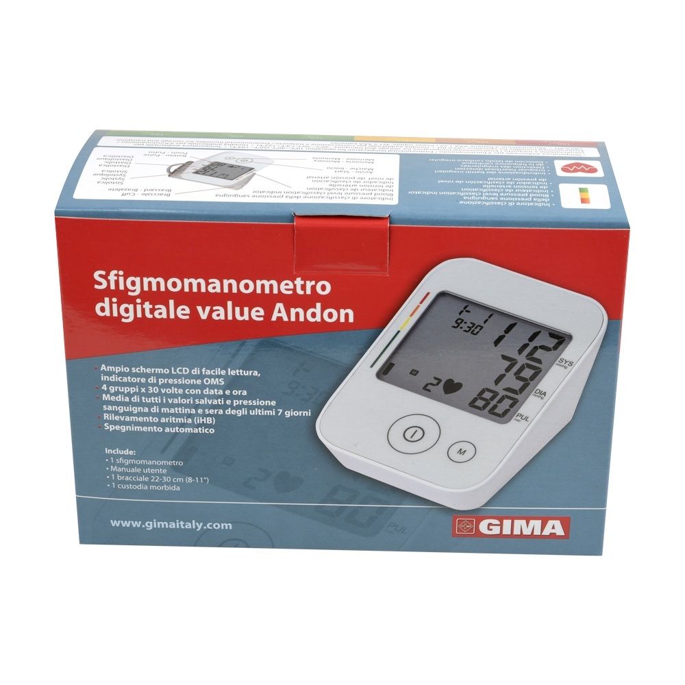 Verpackung mit Blutdruckmessgerät. Anzeige mit Werten. GIMA-Logo und Produktname sichtbar.