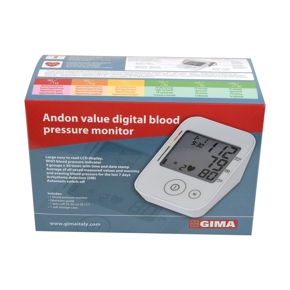 Verpackung mit Blutdruckmessgerät. Anzeige mit Werten. GIMA-Logo und Produktname sichtbar.