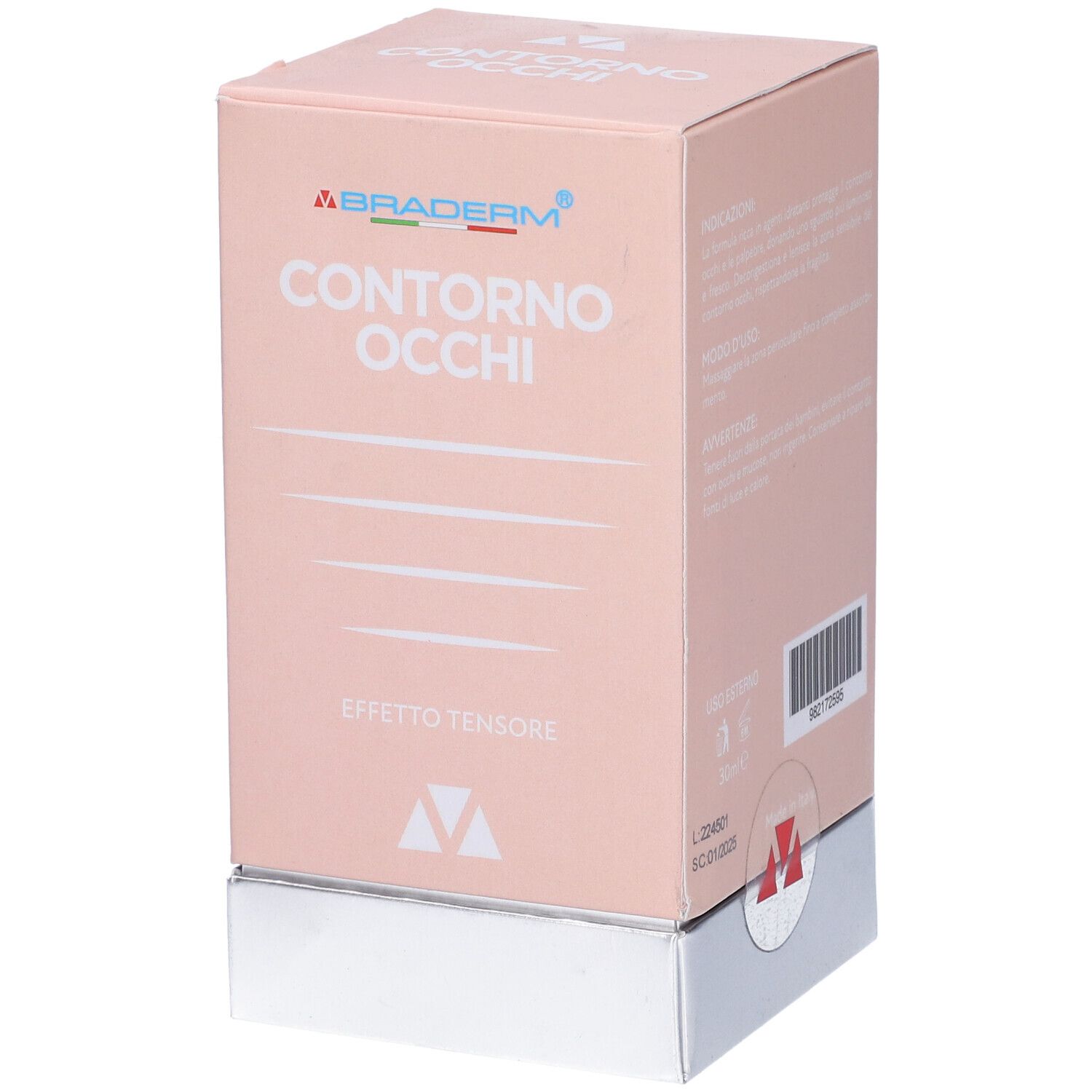 Confezione rosa con "Contorno Occhi" e logo "Braderm". Base argentata. Scritto: "Effetto Tensore".