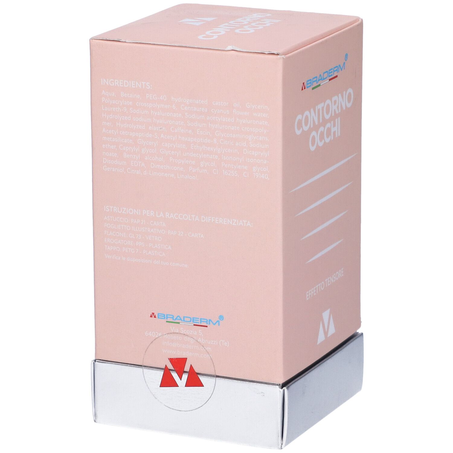 Retro della confezione rosa. Testo con ingredienti e istruzioni. Logo "Braderm" in basso.