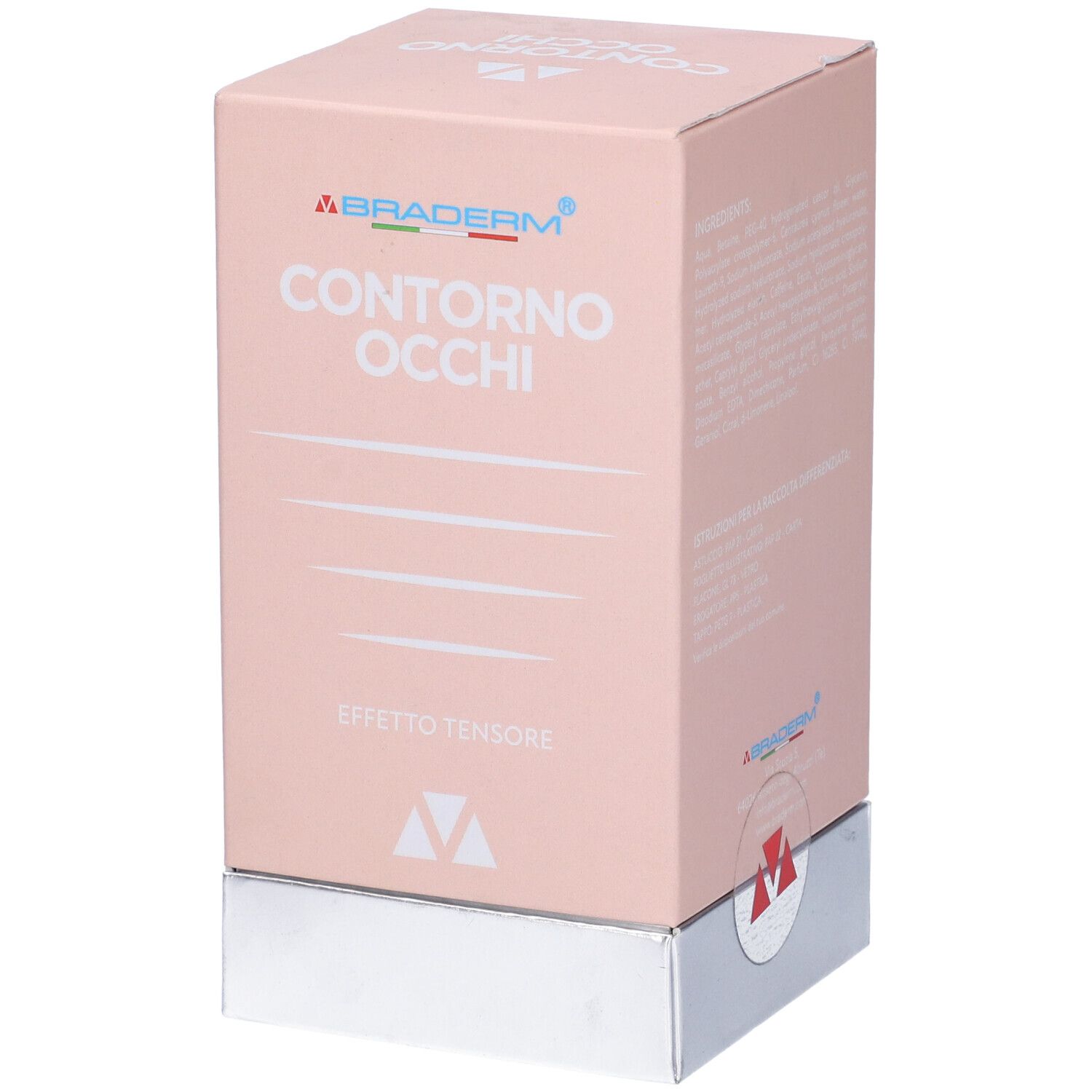 Confezione rosa con "Contorno Occhi" e logo "Braderm". Base argentata. Scritto: "Effetto Tensore".